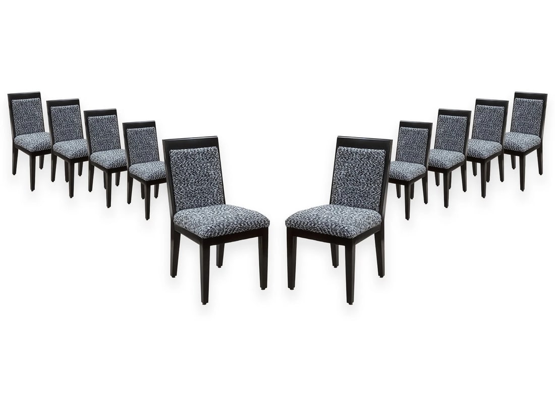 Barbara Barry for Baker Set of 10 Lacquered Black & White Fabric Dining Chairs: A set of 10 Barbara Barry for Baker lacquered dining chairs. This lovely set of chairs features a simple wooden framed design, finished in a gorgeous black lacquered coating. Each chair has a plush up