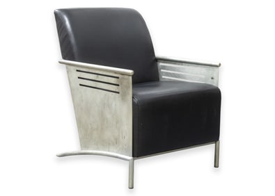 Vintage Art Deco Style Metal Framed Black Leather Accent Lounge Chair