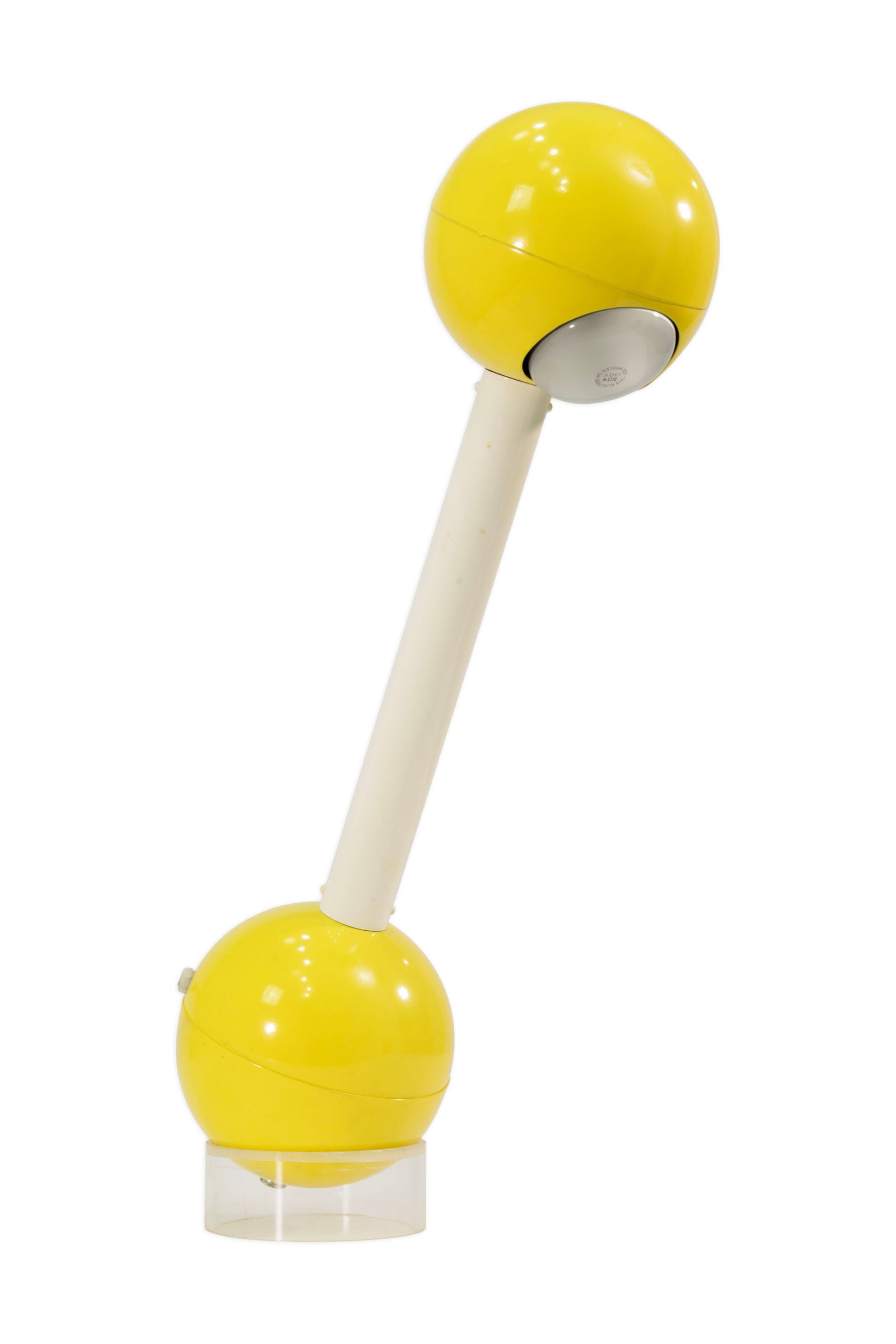 John Mascheroni for George Kovacs (Yellow) Barbell Lamp c. 1960s Space Age Design: Table lamp designed by John Mascheroni for George Kovacs, circa 1960s. Known as the “Barbell” lamp, the design features a horizontal cylindrical form in orange enameled metal with plastic diff