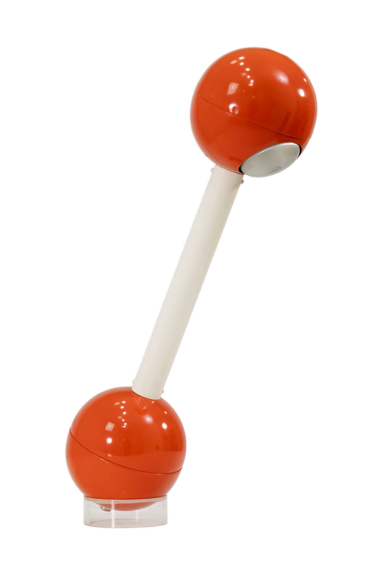 John Mascheroni for George Kovacs (Orange) Barbell Lamp c. 1960s Space Age Design: Table lamp designed by John Mascheroni for George Kovacs, circa 1960s. Known as the “Barbell” lamp, the design features a horizontal cylindrical form in orange enameled metal with plastic