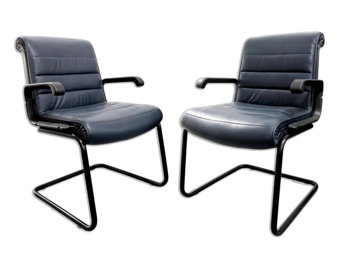 Richard Sapper for Knoll Pair of Executive Office Chairs in Navy Leather (1 of 7)