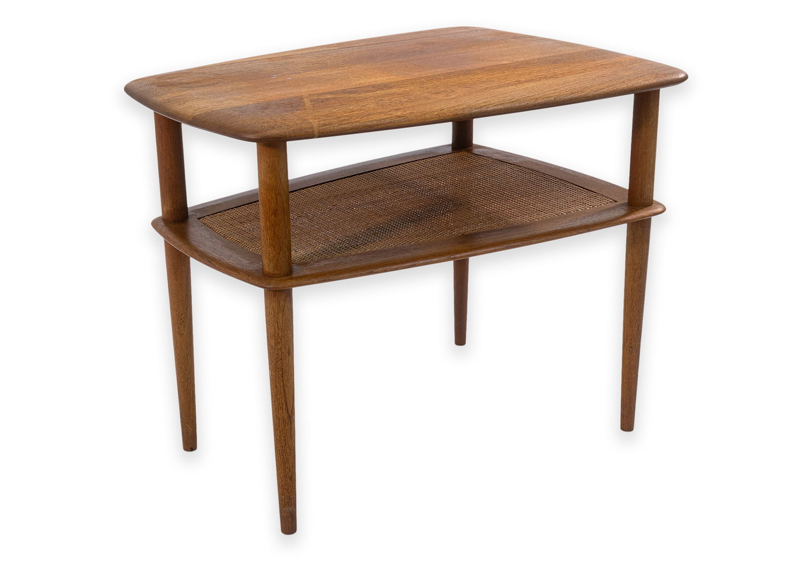 Danish Teak Illums Bolighus End Table w/ Caned Rattan Shelf c. 1960s Modern Scandinavian: Danish Modern teak end table retailed by Illums Bolighus, Copenhagen, circa 1960s. The rectangular top with softly rounded corners rests on tapered legs and features a lower shelf inset with woven can