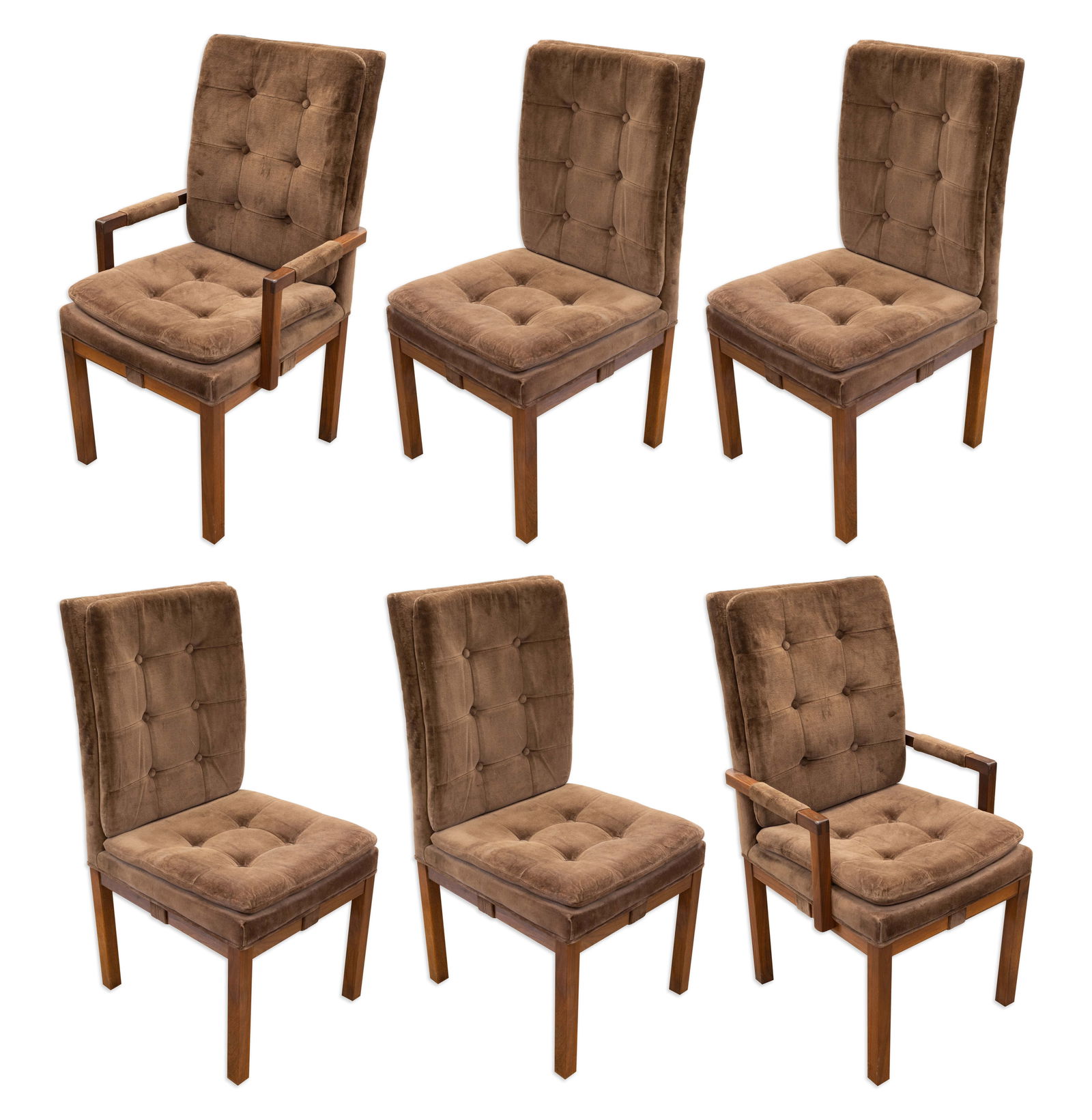 Merton Gershun For Dillingham Set Of 6 Brown Upholstered Dining Chairs: A stylish set of six dining chairs designed by Merton Gershun for Dillingham, featuring a warm and inviting brown upholstered finish. The set includes four side chairs and two armchairs, each with a t