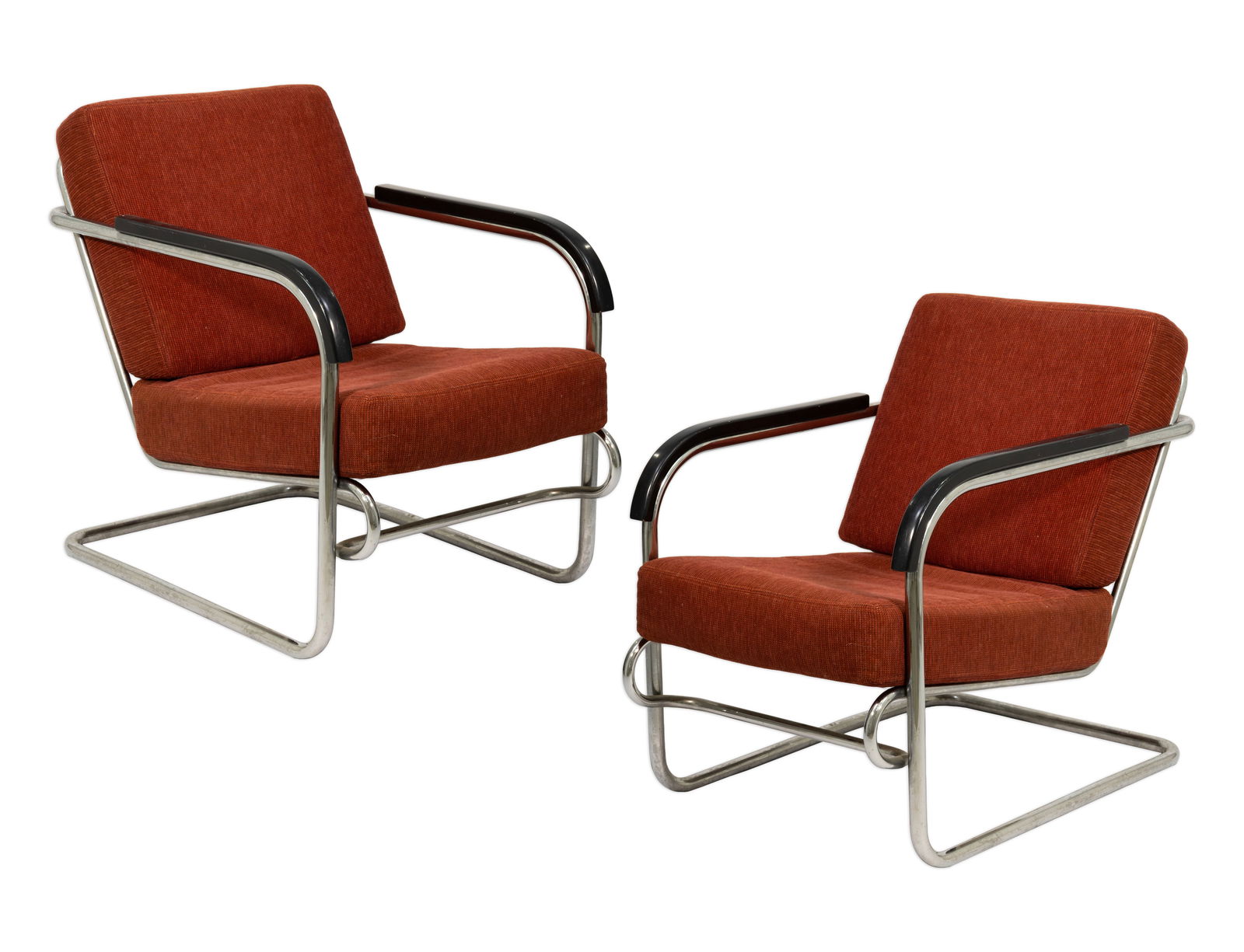 Bauhaus / Thonet Style Pair of Armchairs c. 1930s Tubular Steel with Red-Brown Upholstery (1 of 8)