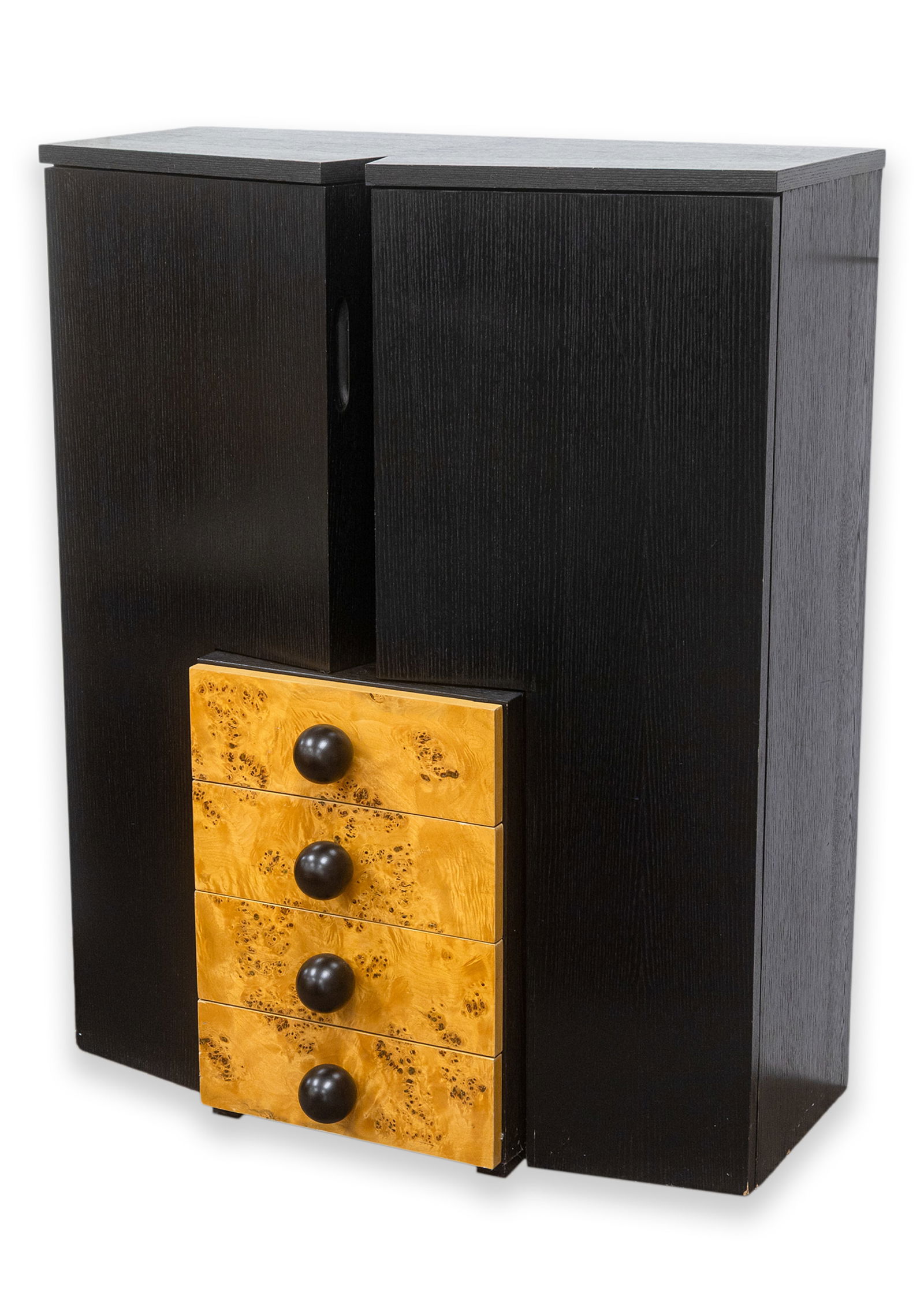Vintage Postmodern Black Lacquered Wood and Burlwood Bar Drinks Cabinet (1 of 8)