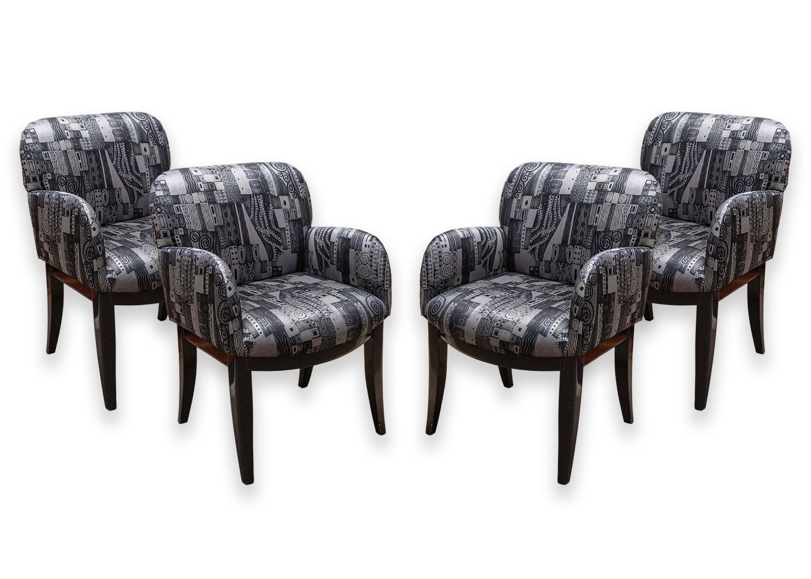 Milo Baughman for Thayer Coggin Set of 4 Black Cushioned Dining Armchairs: A set of 4 Milo Baughman for Thayer Coggin armchairs. A wonderful set of whimsically patterned armchairs. These chairs are finished with a playful pattern with a black/grey/purple/blue coloration. Eac