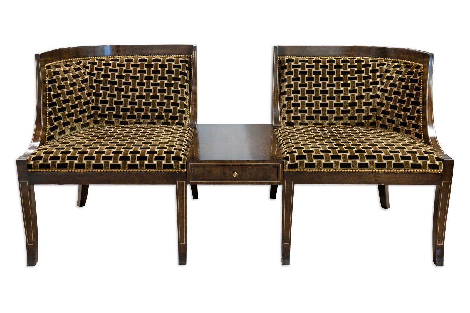 Vintage Mahogany Two-Seat Conversation Settee With Central Table And Drawer: This elegant vintage conversation settee features a rich mahogany frame with graceful curved backs and tapered legs. The two seats are separated by a polished central table. The table has a small draw