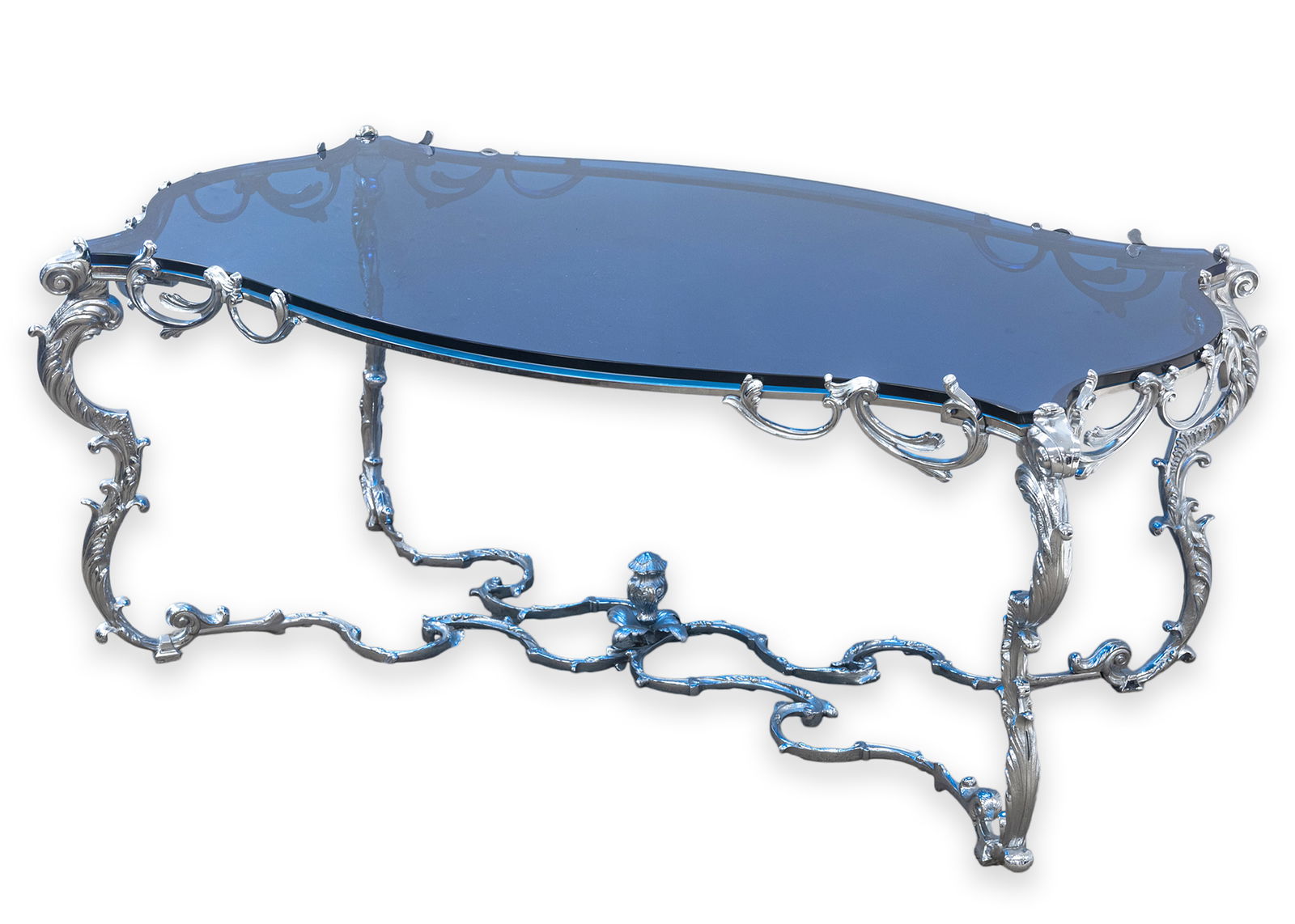 Maison Charles Regence Contemporary Blue Glass & Silver French Coffee Table: A Maison Charles "Regence" coffee table. This gorgeous French coffee table is handmade by Parisian brand Maison Charles, a furniture brand who has been crafting high quality furniture and decor since