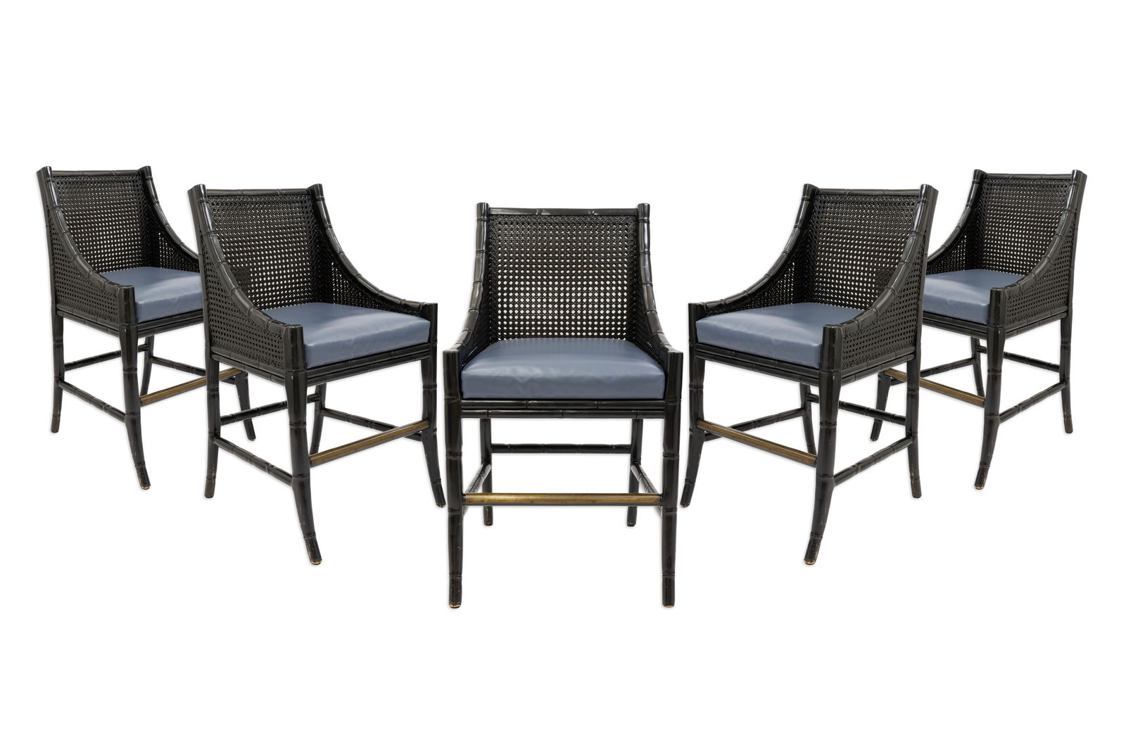 Carolina Rustica Palecek China Bay Set of 5 Barstools: This set of five barstools features black rattan frames with an open cane back that highlights Palecek’s woven craftsmanship. Blue seat cushions provide comfortable seating, while metal footrests of
