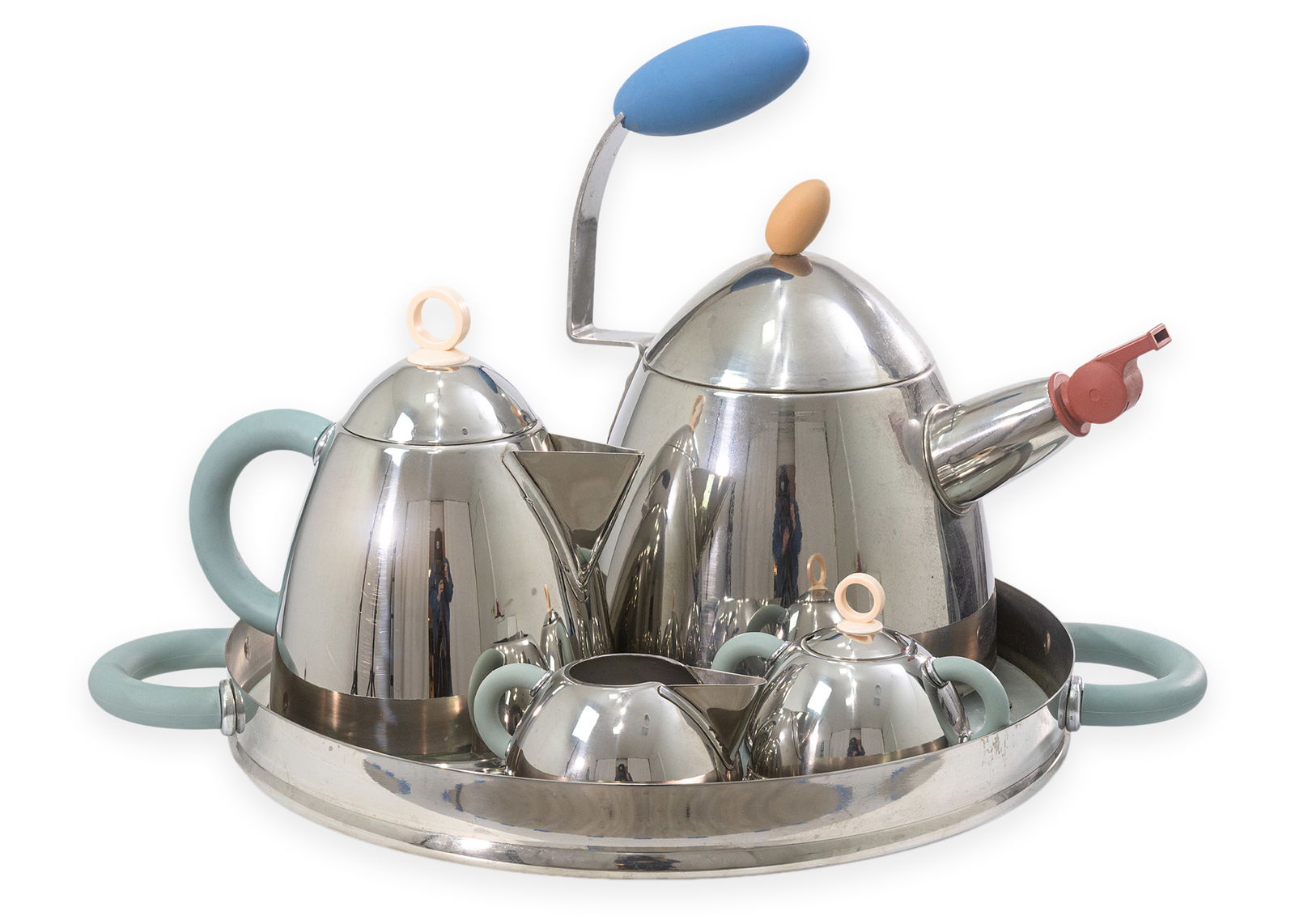Michael Graves Coffee / Tea Set with Sugar & Creamer Stainless Steel Postmodern Italy: Postmodern coffee and tea service designed by Michael Graves crafted in polished stainless steel with signature pastel resin accents. The set includes a kettle, coffee pot, sugar bowl, creamer, and ma