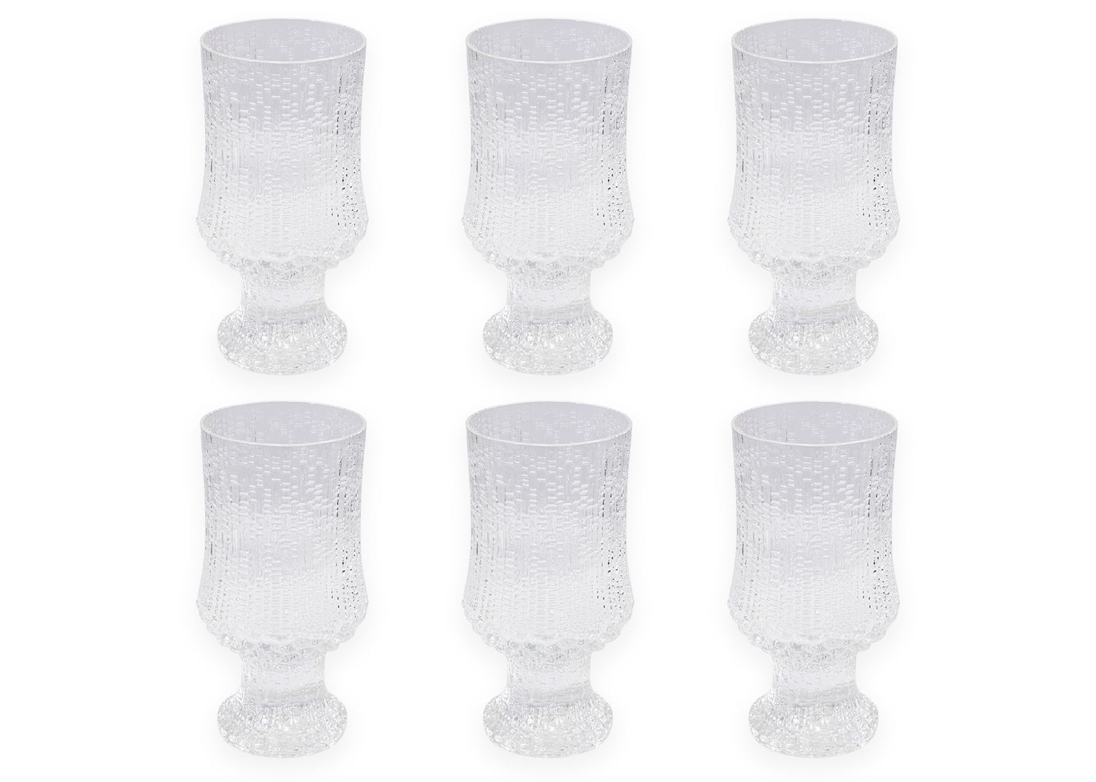 Tapio Wirkkala for Iittala Ultima Thule (6) Glasses / Goblets Art Glass Finland, c. 1970s: Set of six vintage “Ultima Thule” goblets designed by Tapio Wirkkala for Iittala. Crafted in Finland in the 1970s, these iconic art glass glasses feature the signature textured surface ins