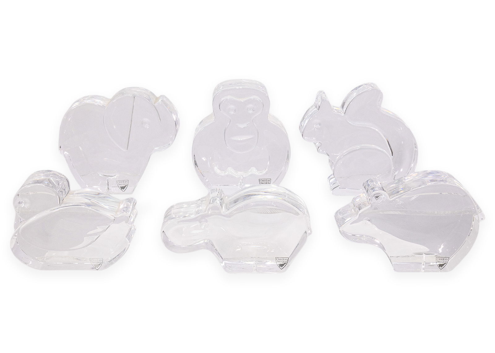 Orrefors Sweden Crystal Glass Figurines (6) Elephant, Monkey, Hippo, Mouse, Squirrel, & Duck: Charming collection of six Swedish crystal animal figurines by Orrefors, including an elephant, monkey, hippopotamus, mouse, squirrel, and duck. Each sculpted in clear crystal with softly rounded form