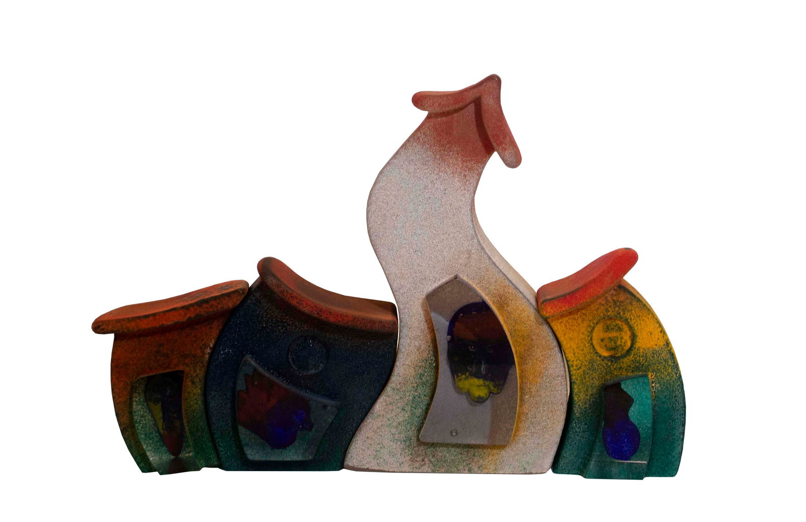 Kjell Engman for Kosta Boda Set of 4 Sandblasted Swedish Glass Sculpture: Swedish design at it's best! This beautiful, rare Kosta Boda house series by artist Kjell Engman. The series from 2001 consists of 4 buildings that sandblasted, leaning forms that connect the entire s