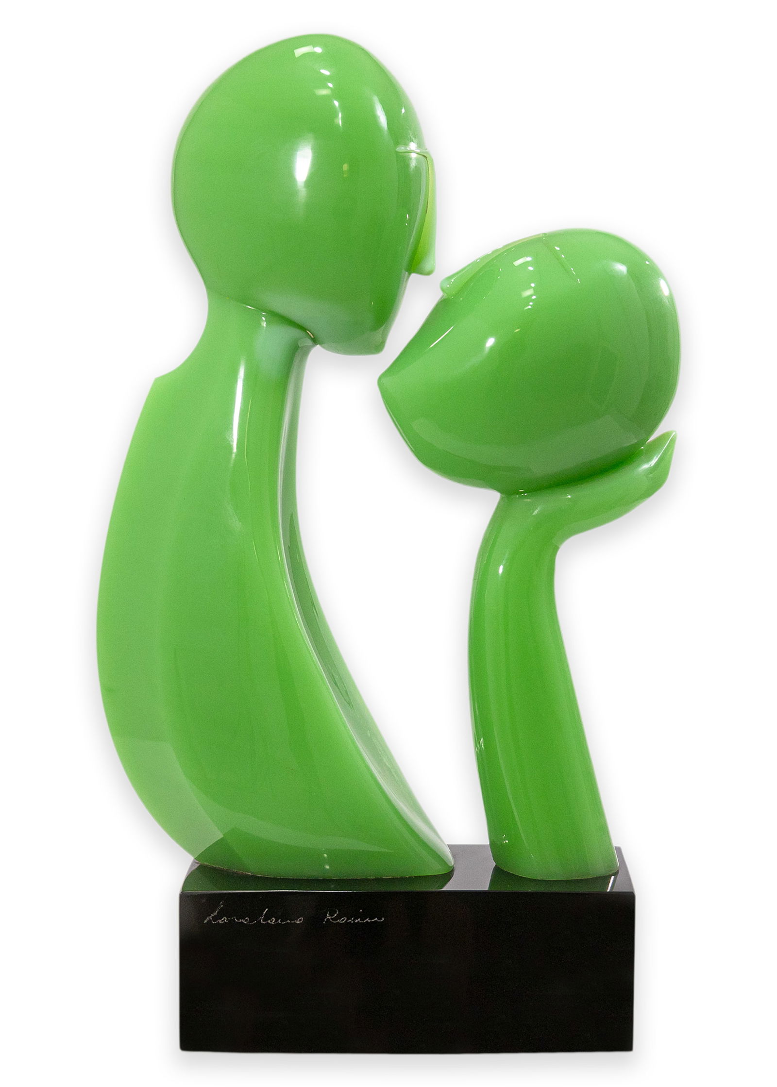Loredano Rosin (1936-1992) The Kiss Signed Green Figurative Sculpture on Base c. 1970s: A modernist sculpture titled “The Kiss” by Loredano Rosin. Etched signature on the base. Circa 1970s. Translucent green with smooth, simplified contours and elongated forms. The figures ar