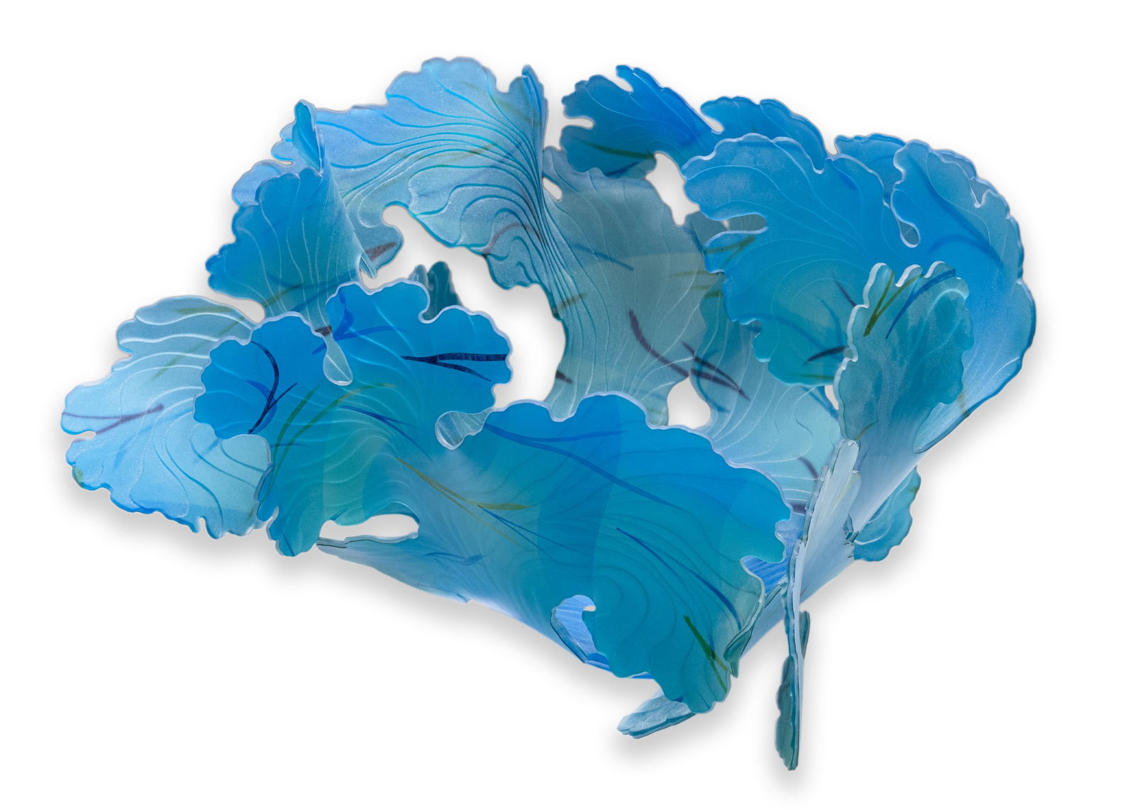 Janet Kelman Seafan Series Signed Contemporary Studio Glass Azure Blue Leaf Bowl: A whimsical studio art glass bowl or vessel from the "Seafan Series" in an azure blue color by Ann Arbor artist Janet Kelman. Etched signature and dated 2006. The sculpture is made of interlocking lea