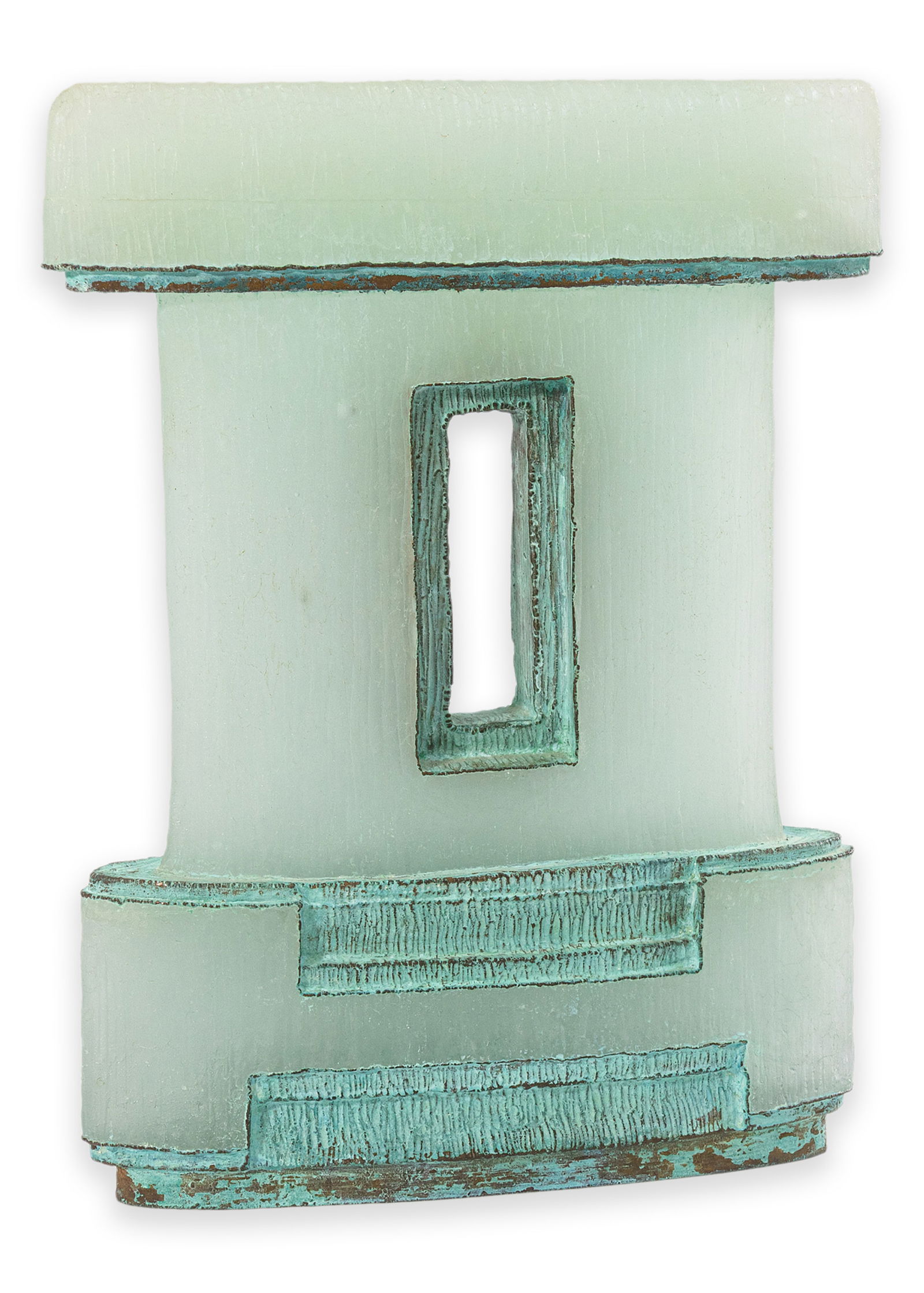 Howard Ben Tre Art Glass Sculpture 1988 Signed Cast Glass and Patinated Copper: A cast glass sculpture by Howard Ben Tre. Etched signature dated 1988 on the underside. The work is constructed from pale green cast glass combined with patinated copper elements, forming a vertically