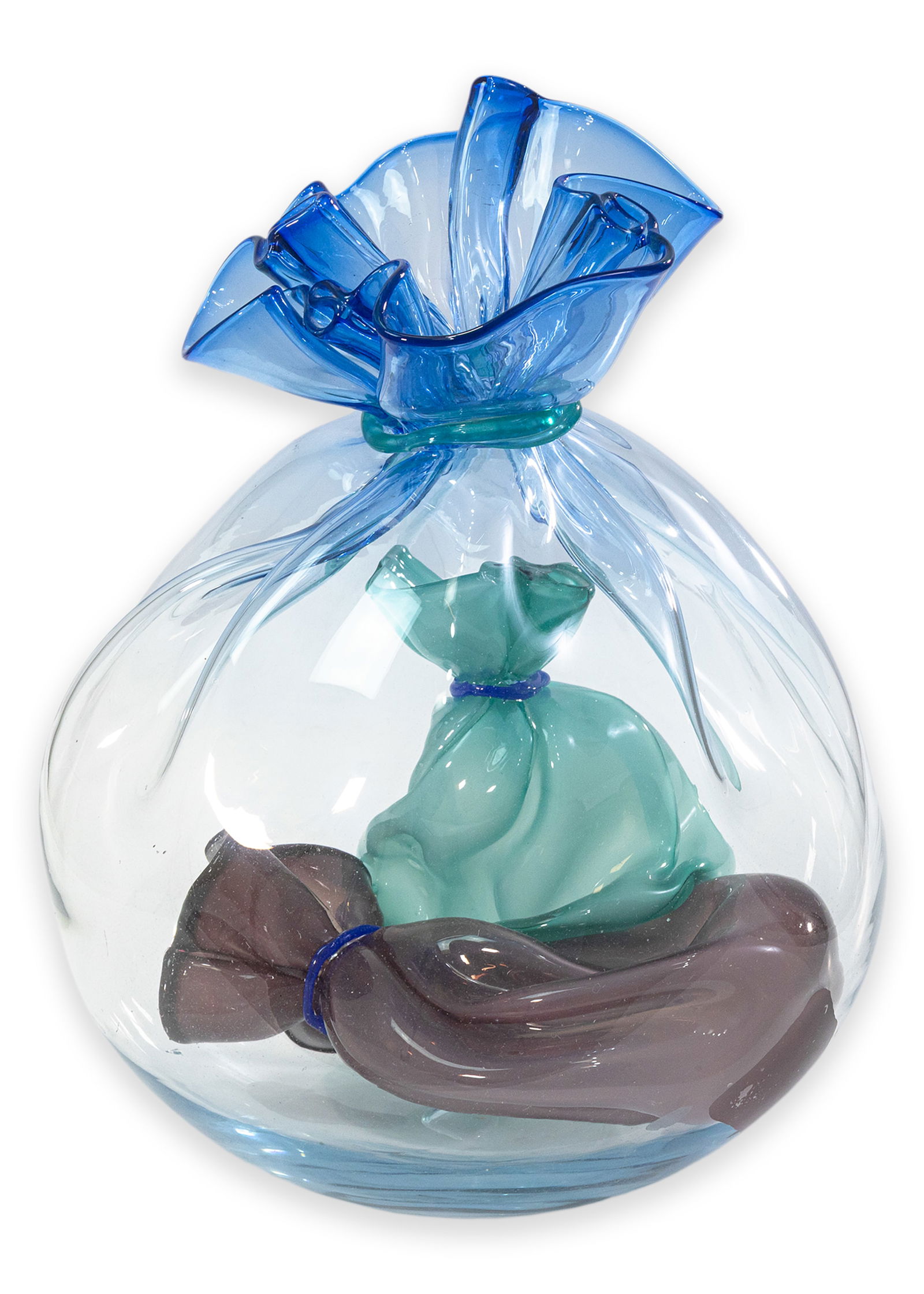 John Littleton / Kate Vogel Bagged Bags (Blue) 1982 the Acro Bags Series Signed Hand-Blown Glass: A hand-blown glass sculpture from the “Bagged Bags (Acro Bags)” series by John Littleton and Kate Vogel. Etched signature and dated 1982 on the underside. The work consists of a clear glas