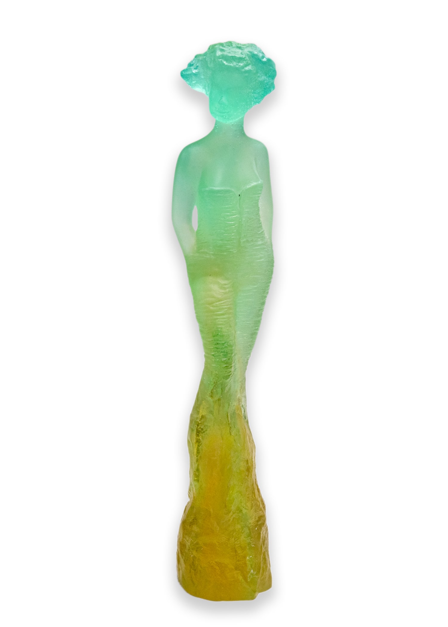 Jean-Philippe Richard for Daum Eléonore Signed Contemporary Pâte de Verre: An elegant and vibrant figurative glass sculpture with a unique ombre effect of aqua to green to a golden color titled “Eléonore” designed by Jean-Philippe Richard for the studio of D
