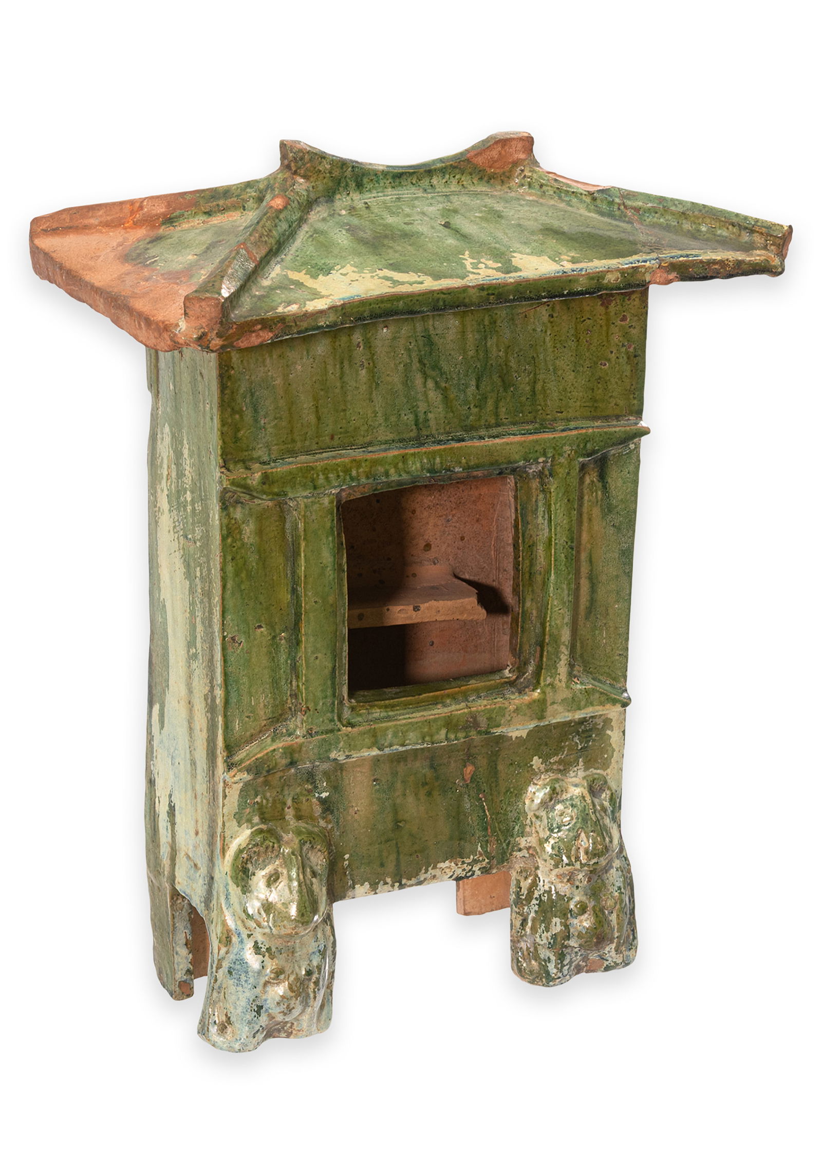 Han Dynasty Green Glazed House (Mingqi), Han Period, 220 CE: Ceramic house model (mingqi) dating to the Han period, circa 220 CE. This example was created as a tomb furnishing to provide a symbolic dwelling for the deceased in the afterlife. The structure is re