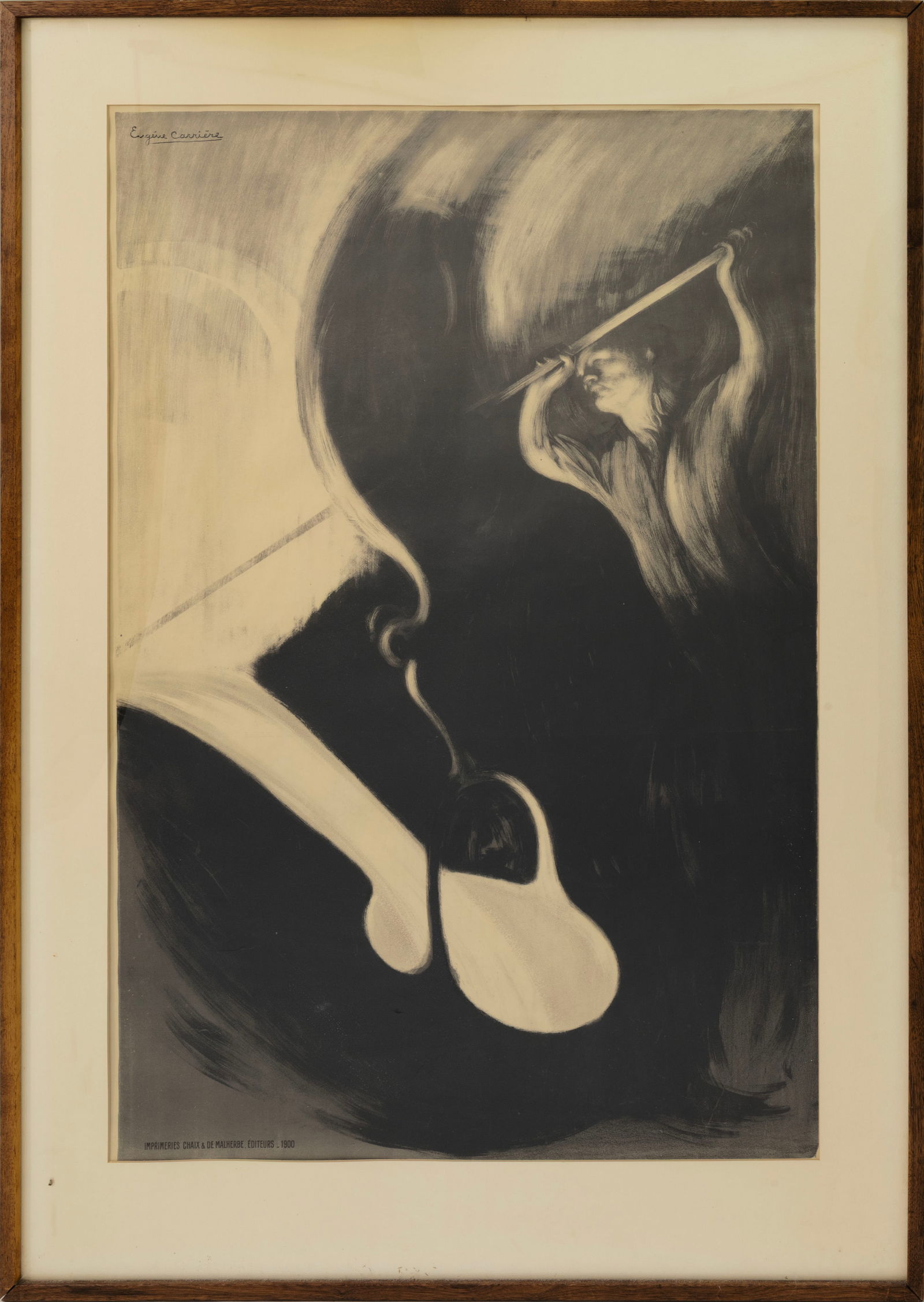 Eugène Carrière Le Fondeur 1900 Original Lithograph Poster, Paris Exposition Universelle: Original lithograph poster created for the Metallurgy Pavilion of the Exposition Universelle, Paris, 1900. The composition depicts a foundry worker raising a tool overhead, rendered in Carrière&#
