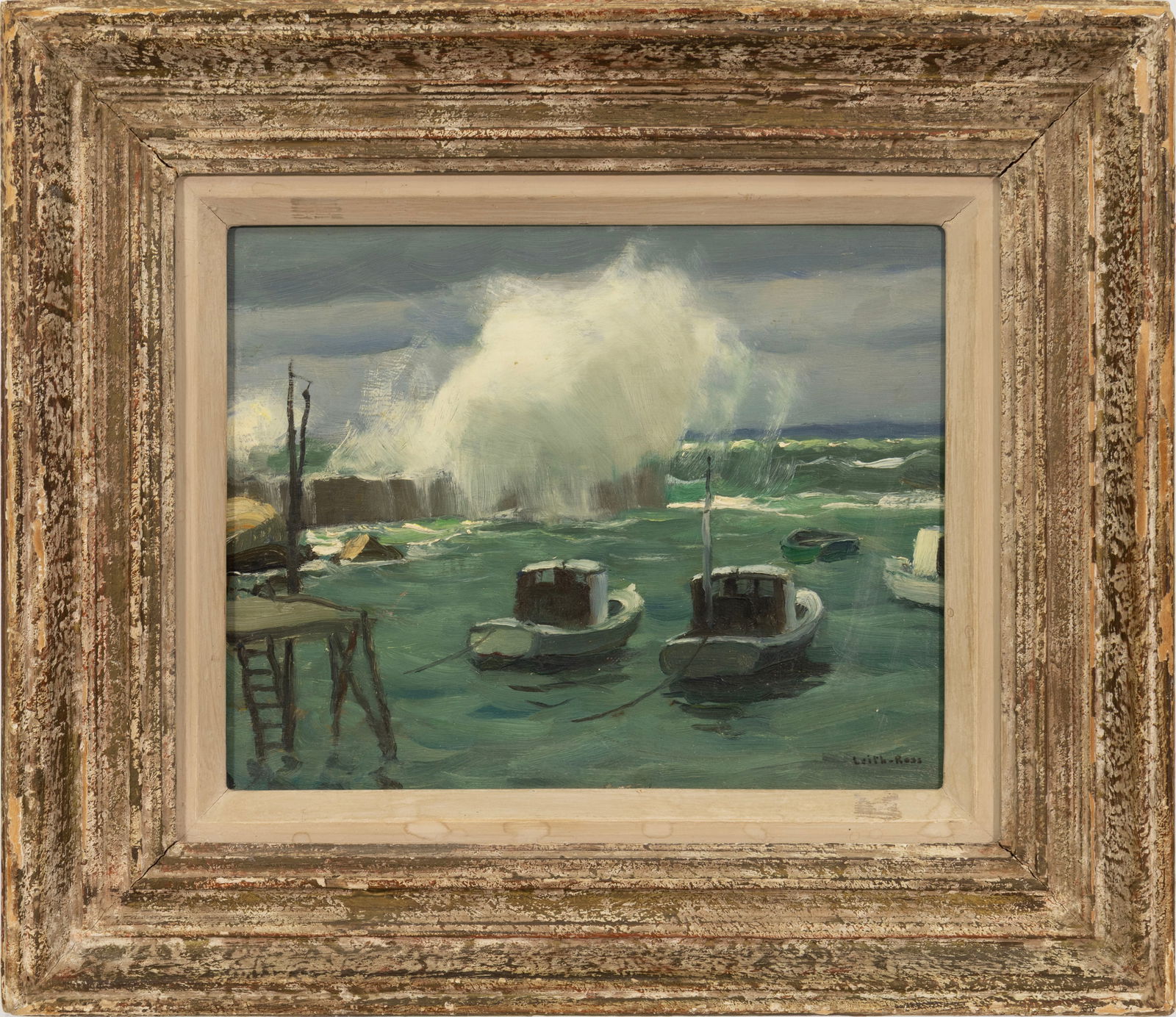 Harry Leith-Ross (1886-1973) Seascape with Boats Signed Oil on Board New Hope Art Colony: An oil on board by British-American artist Harry Leith-Ross. Signed lower right. This painting depicts a coastal scene with moored boats in the foreground and waves breaking against a pier. The compos