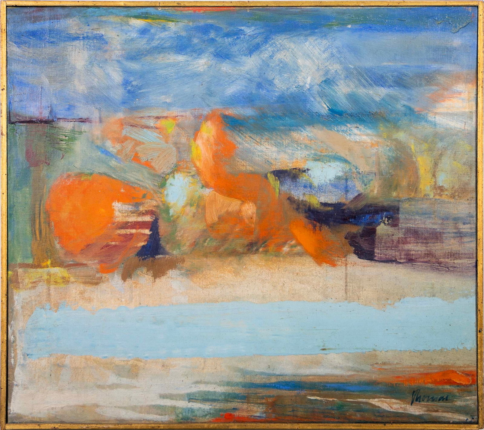 John Thomas Blue and Orange Still Life 1958 Signed Modern Oil Painting on Canvas: A modern oil painting on canvas titled "Blue and Orange Still Life" by John Thomas. Signed bottom right. Created in 1958. A abstract expressionist painting with inspirations from color-field artists s