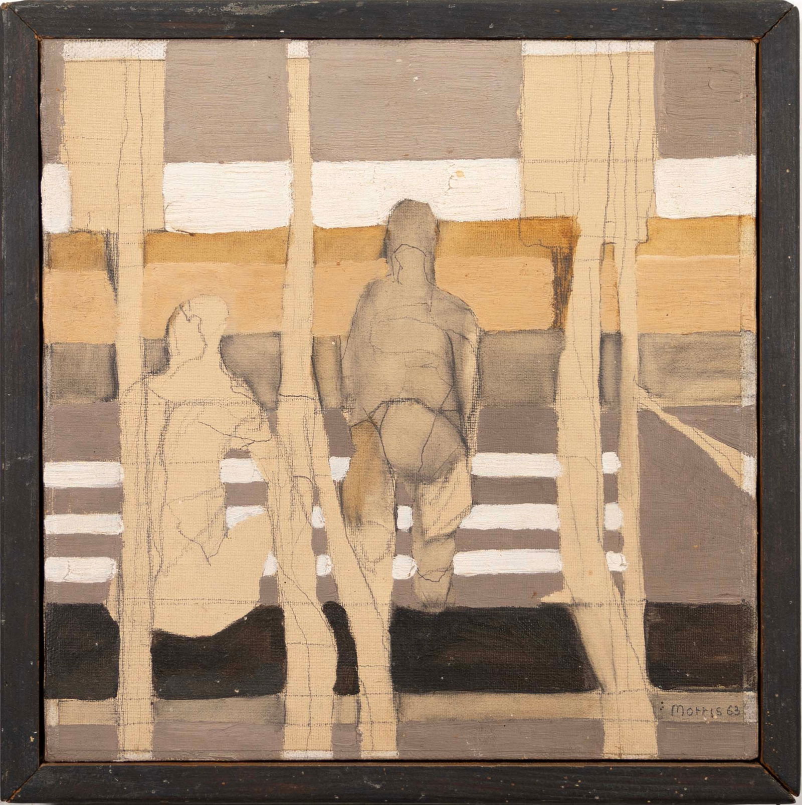 Robert Morris Signed 1963 Figurative Abstract Acrylic Painting on Canvas Framed: A modern acrylic painting on canvas by Robert Morris. Signed and dated 1963 on the bottom right as well as verso. A figurative abstracted composition in minimalist neutral tones. Known for sculptural