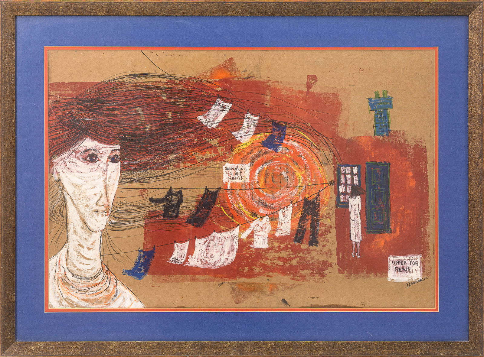 J. Lawerence Signed Mixed-Media Figurative Surrealist Drawing on Paper 20th Century: Mixed-media figurative drawing on paper, signed lower right “J. Lawrence.” The composition depicts an elongated female figure at left, set against an interior-exterior scene featuring a cl