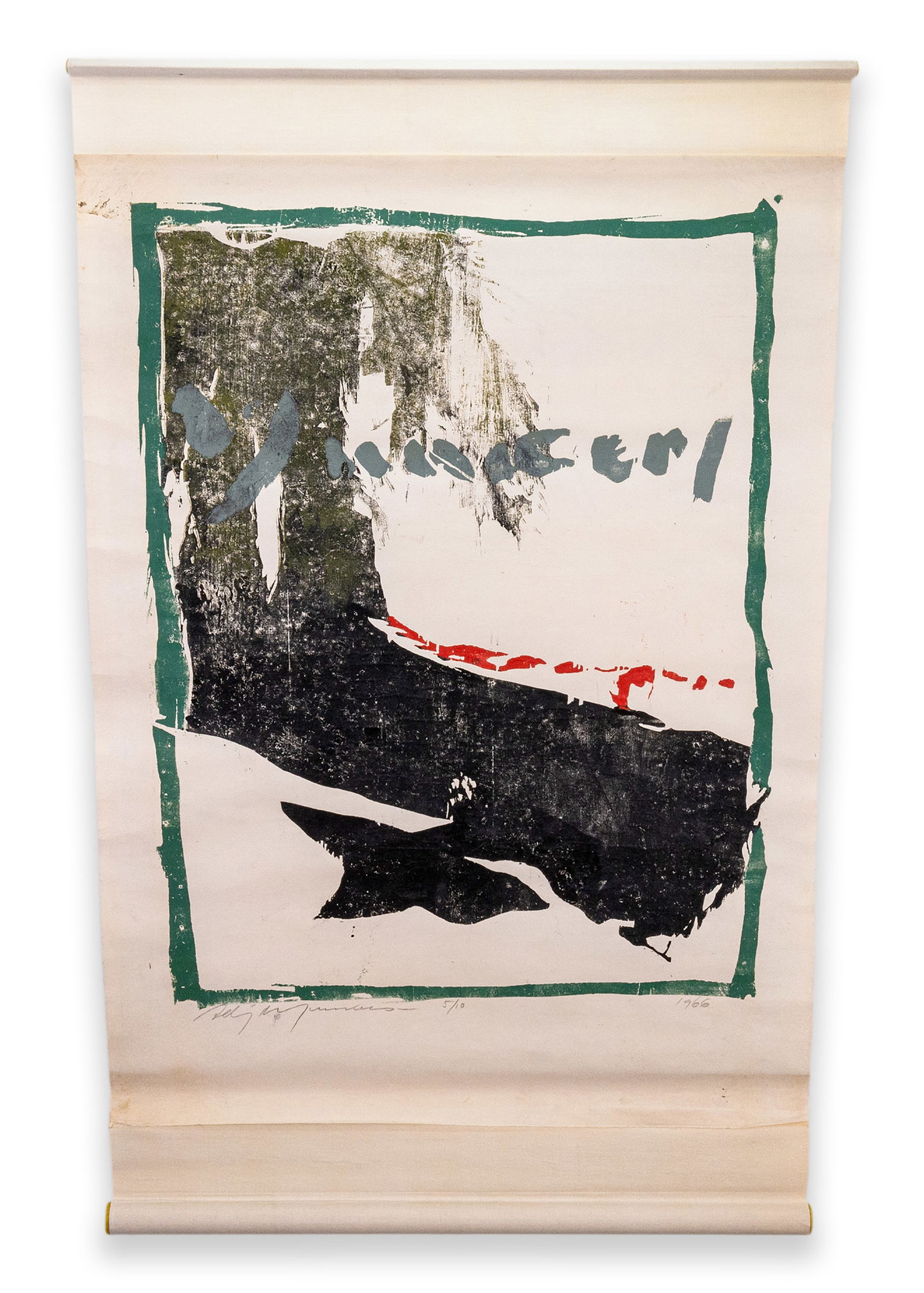 Adja Yunkers Untitled (Yunkers) 1966 Signed Abstract Lithograph on Paper 5/10 UF: A modern lithograph on paper Untitled (Yunkers) by Adja Yunkers. Hand signed in pencil, annotated 5/10, and dated 1966 along the lower margin. An abstract expressive composition in black, green, and r