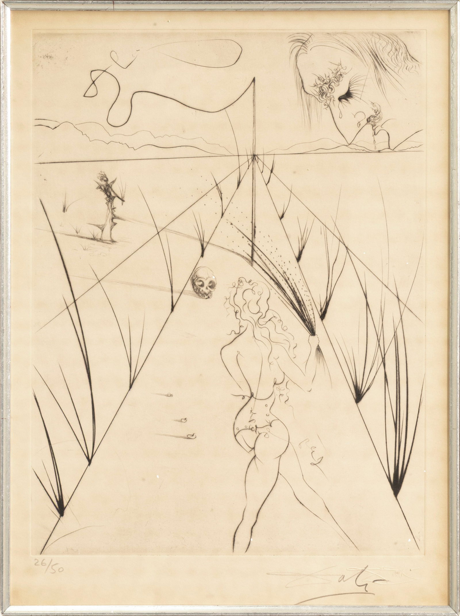 Salvador Dali Allee des Verges (Whips Alley) 1968 Signed Drypoint Etching 26/50 COA: A drypoint etching on paper titled “Alle des Verges (Whips Alley)” from the “Venus aux Fourrures (Venus in Furs)” series by Salvador Dali. Hand signed in pencil on the lower ri
