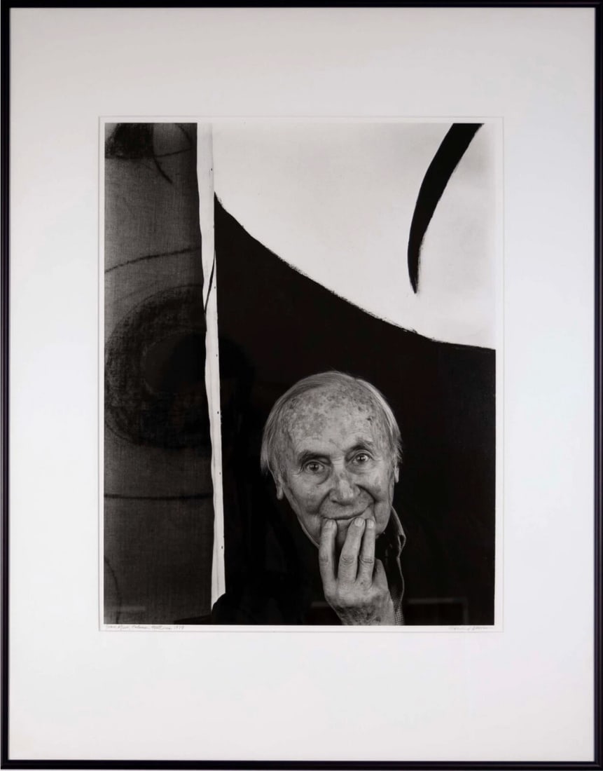 Arnold Newman Joan Miro, Paloma, Mallorca 1979 Signed Gelatin Silver Photograph: An iconic gelatin silver print on paper titled “Joan Miro, Paloma, Mallorca 1979” by American artist Arnold Newman. Hand signed in pencil on the bottom right and titled bottom right. An en