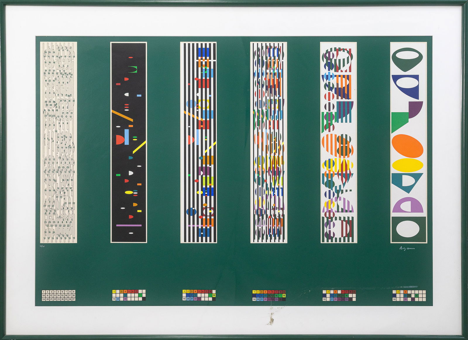 Yaacov Agam Peace of Time c. 1970s Signed Set of 6 Screenprints on Paper Framed 10/15: A set of six screenprints titled “Peace of Time” by Yaacov Agam. Hand signed on the lower right with an annotation of 10/15 on the lower left. Published circa 1970s. This set is an explora