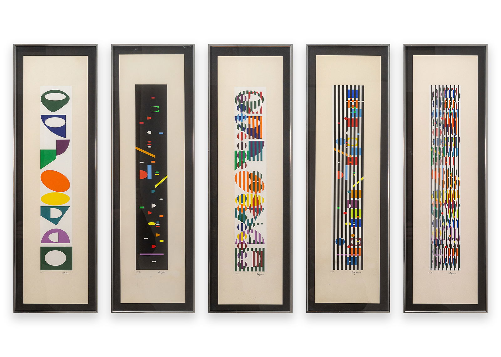 Yaacov Agam Time Change c. 1970s Signed Set of 5 Screenprints on Paper Framed 145/180: A set of five screenprints titled “Time Change” by Yaacov Agam. Hand signed on the lower right with an annotation of 145/180 on the lower left. Published circa 1970s. This set is an explor