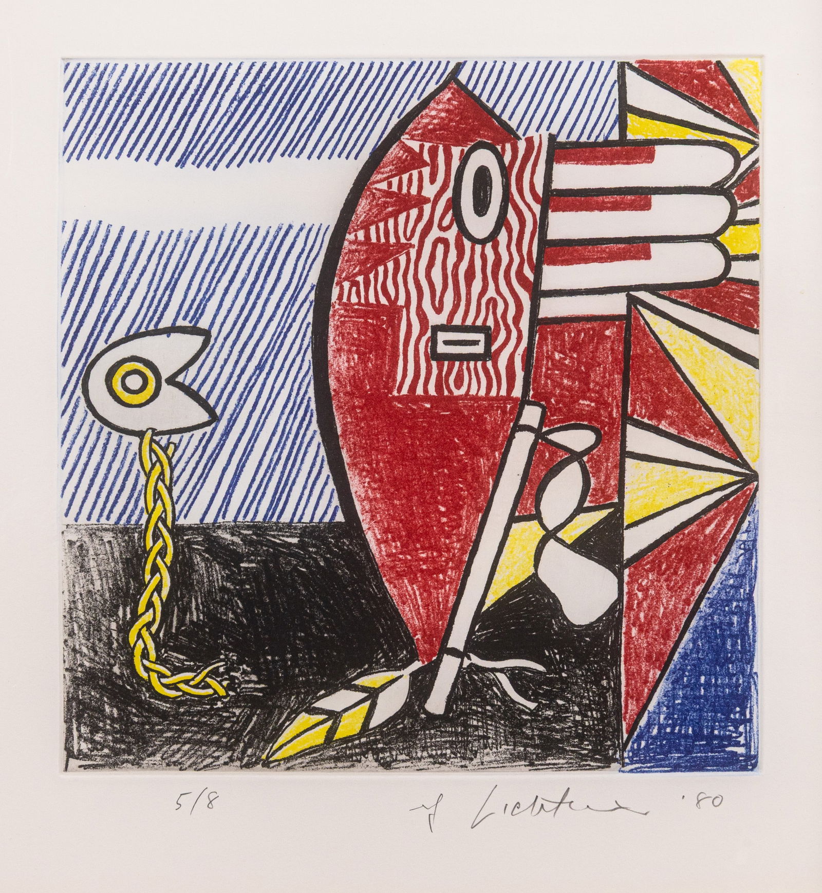 Roy Lichtenstein American Indian Theme I 1980 Signed Soft-Ground Etching on Paper 5/8: A soft-ground etching mold-made Lana paper titled “American Indian Theme I” by Roy Lichtenstein. Published in 1980. Hand signed in pencil on the lower right with an annotation of 5/8 on the lo
