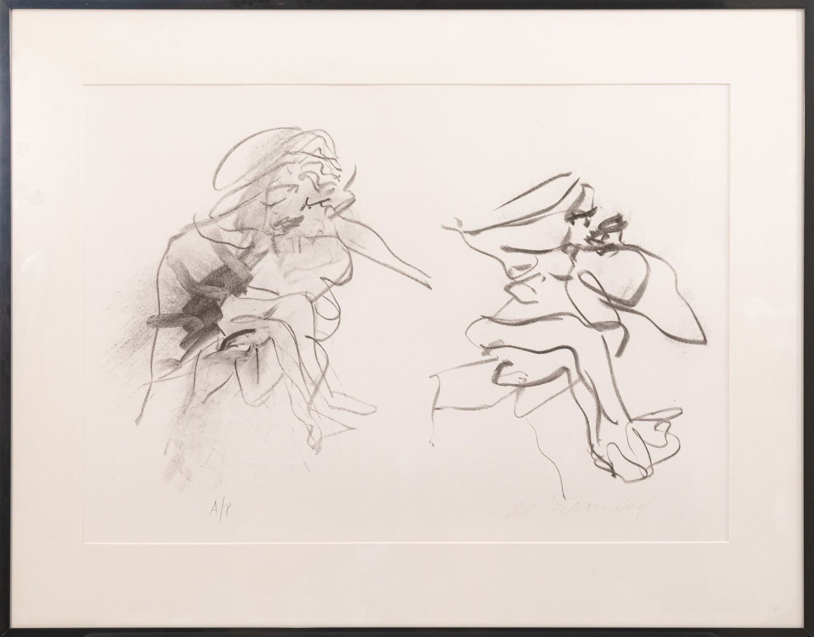 Willem de Kooning Two Figures 1973 Signed Lithograph on Paper Artist’s Proof Edition Framed: An offset lithograph in black on cream wove paper depicting two gestural female figures rendered in sweeping, fluid lines. Hand signed on the lower right with an “A/P” (artist’s proo