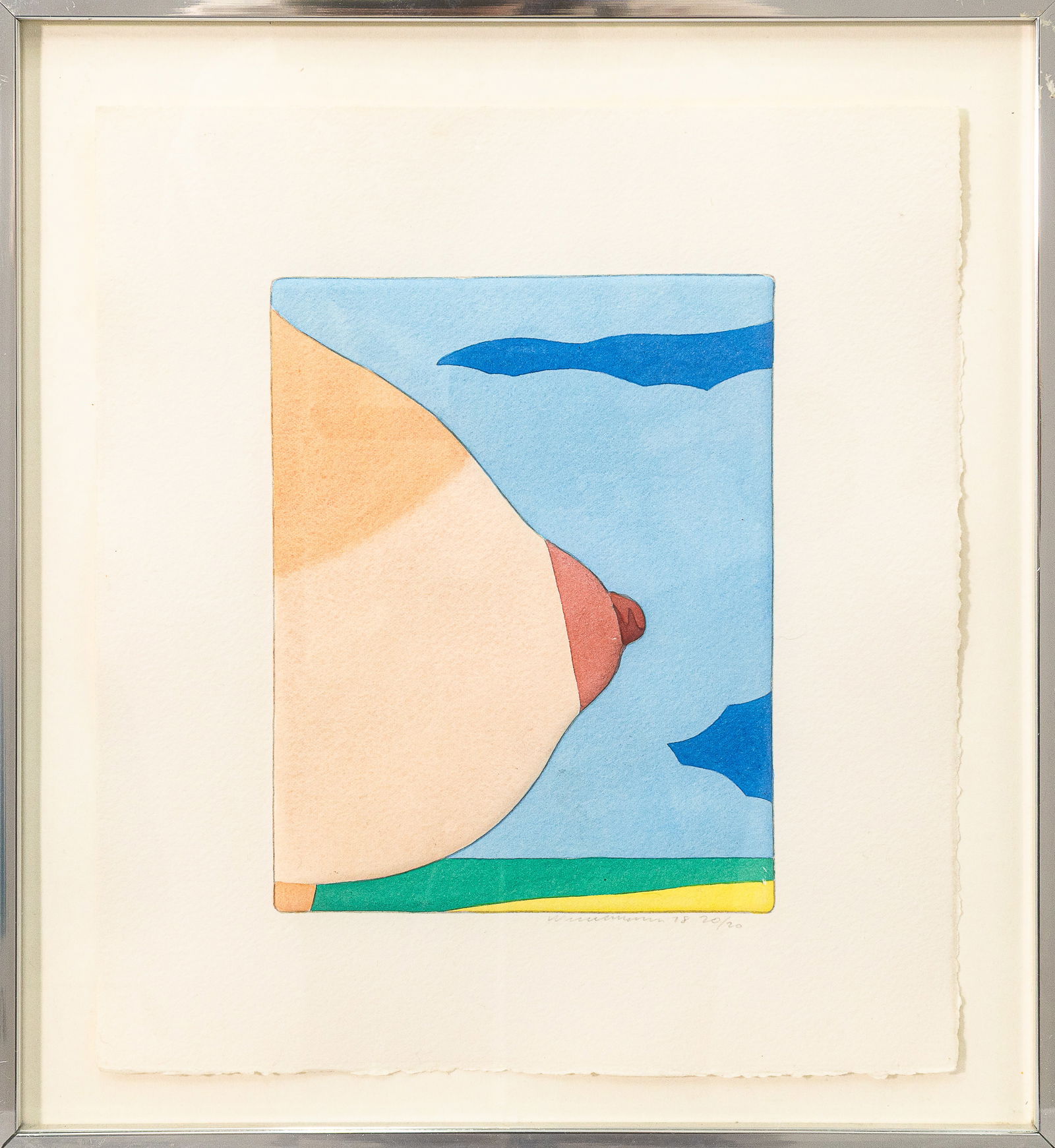Tom Wesselmann Tit, from Seascape 1978 Pochoir, Pencil and Thinned Liquitex on Paper 20/20: This work from Wesselmann’s “Seascape” portfolio features a cropped, stylized female torso set against a simplified coastal landscape of blue sky and water. Hand signed and dated in