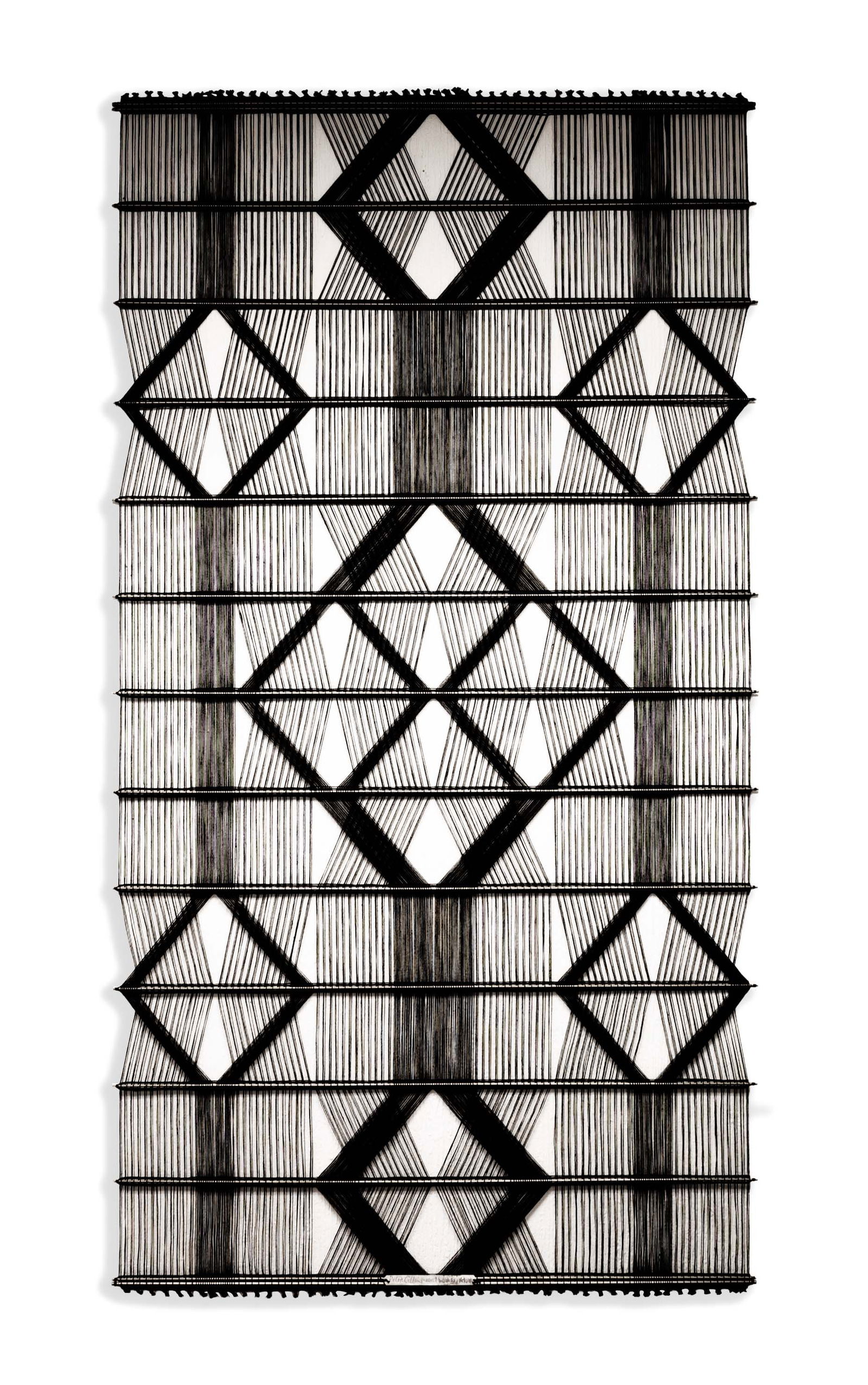 Peter Collingwood M. 164 No. 1 Linen Macro-Gauze Modernist Fiber Art Wall Hang: A modernist linen macro-gauze wall hanging by British artist Peter Collingwood. Embossed signature and number to metal label along the bottom “Peter Collingwood M. 164 No. 1.” Circa 1980s.