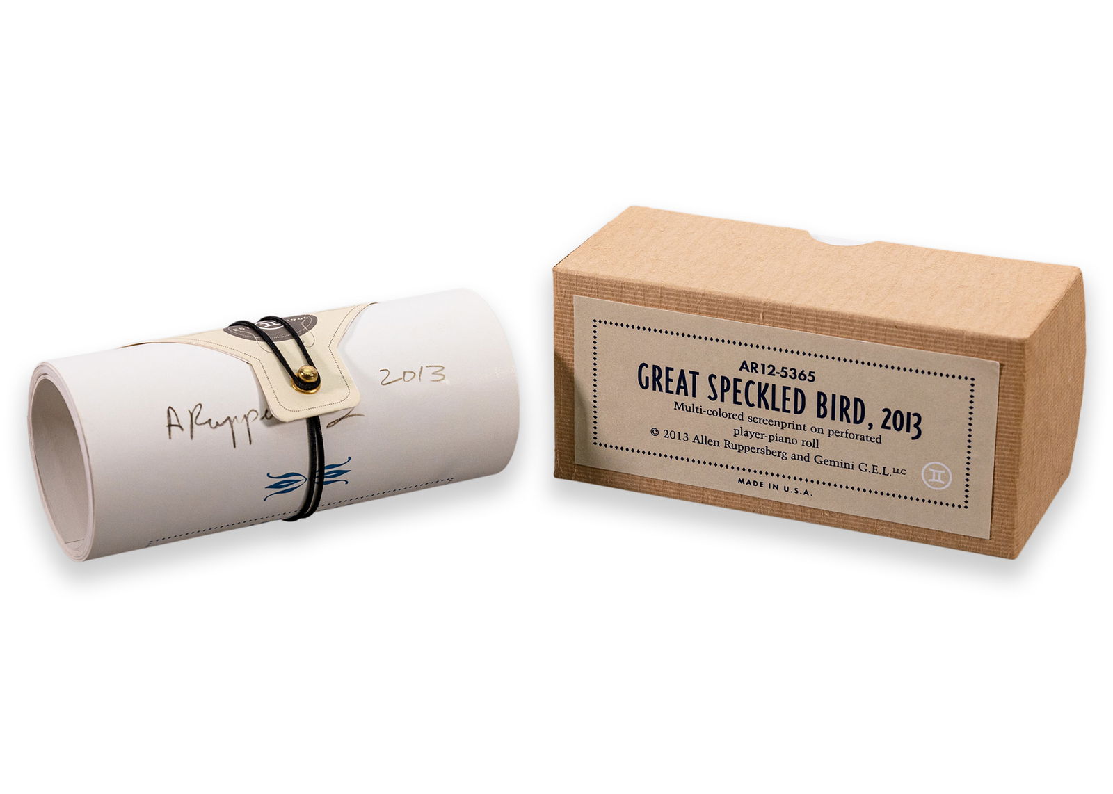 Allen Ruppersberg Object Great Speckled Bird Gemini G.E.L. Rolled Screenprint: A contemporary screenprint on rolled paper. Described as an ‘object’ with compliments that cleverly documents the “Great Speckled Bird” exhibition – a collaboration with