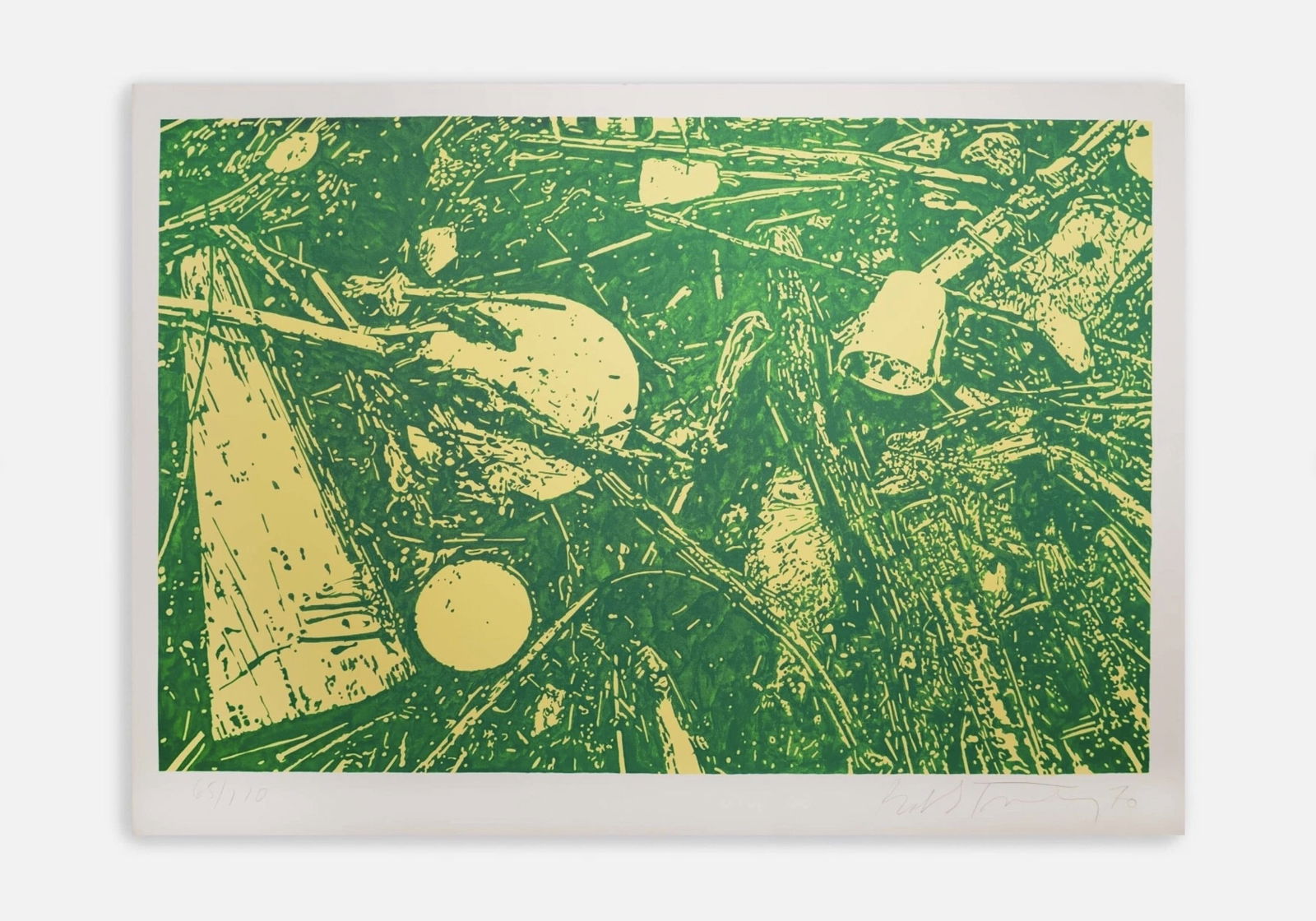 Bob Stanley Lake II (Green) 1970 Signed Modern Screenprint on Paper 65/110 Unframed: A modern screenprint on paper titled “Lake II (Green)” by Bob Stanley. Hand signed in pencil on the bottom right with an annotation of 65/110 on the bottom left. Published in 1970. An abst