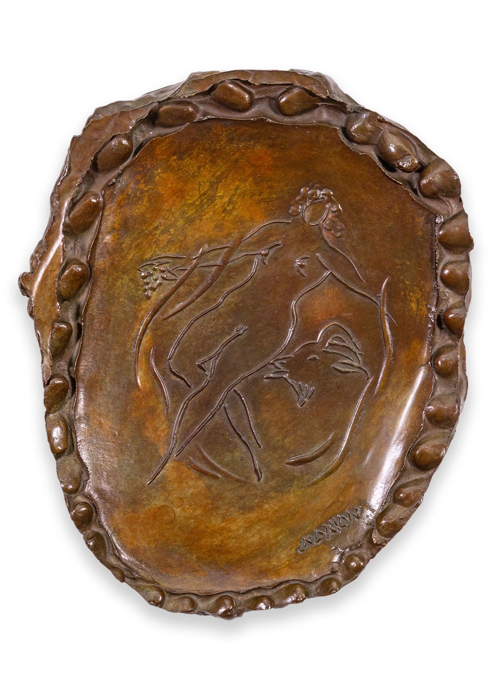 Reuben Nakian Untitled (Nude Bronze) Signed Modern Figurative Wall Sculpture 70s: A modern figurative cast bronze wall sculpture Untitled (Nude Bronze) by Reuben Nakian. Etched signature lower right. Circa 1970s. A romantic and classic artwork. Reuben Nakian (1897-1986) was an Amer