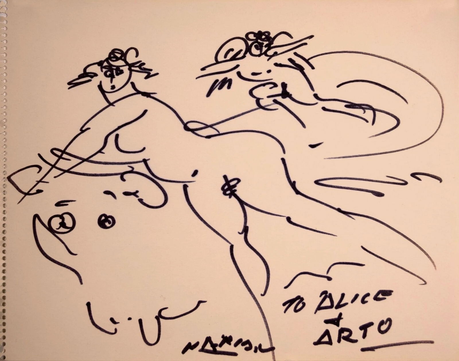 Reuben Nakian Untitled Signed Modern Figurative Felt-Tip Pen Drawing on Paper UF: A modern figurative felt-tip pen drawing on paper by Reuben Nakian. Signed mid-bottom. Circa 1960s. Reuben Nakian (1897-1986) was an American sculptor and teacher of Armenian extraction. His works' re