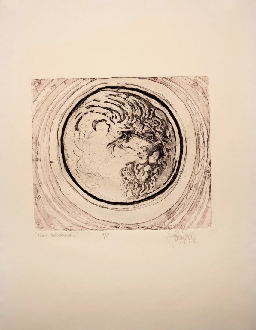 John Mills Lion Medallion Signed Contemporary Etching on Paper A.P. Unframed '71 (1 of 6)