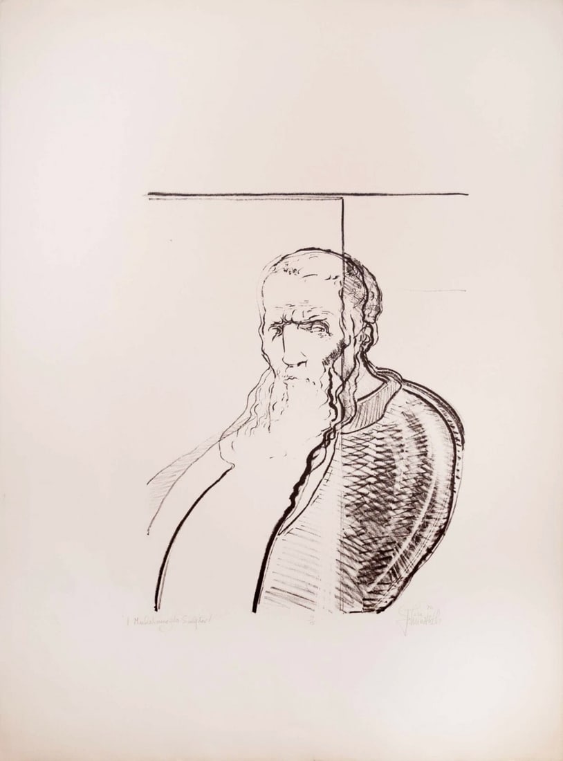 John Mills Michelangelo Saytar Signed Contemporary Screenprint on Paper 14/15 UF: A contemporary screenprint on paper titled “Michelangelo Saytr” by John Mills. Hand signed in pencil on the bottom right and dated ‘70 with an annotation of 14/15 on the bottom left.