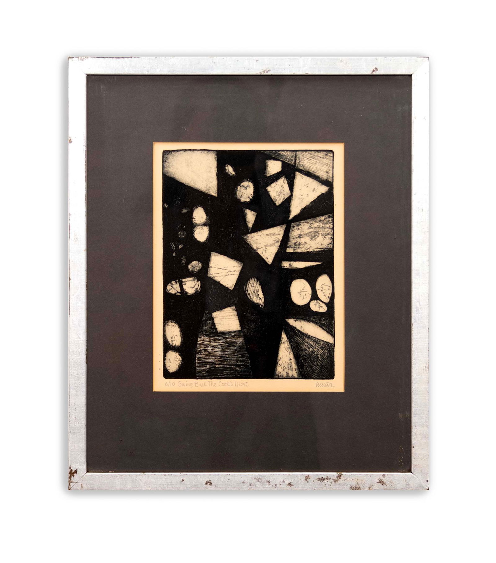 Julio daCunha Swing Back the Cock's Heart Engraving Etching on Paper 6/10 1960s: A modern etching engraving on paper titled "Swing Back the Cock's Heart" by Cranbrook alumnus Julio daCunha. Hand signed in pencil on the bottom right, titled mid-bottom, with an annotation of 6/10 on