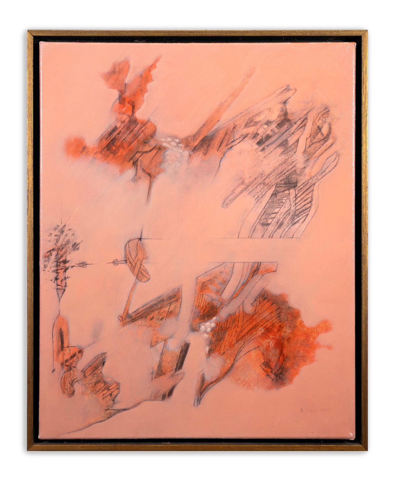 Julio daCuhna Signed Abstract Pink Figurative Oil Painting on Canvas 2009: A modern oil painting on canvas by Cranbrook alumnus Julio daCunha. Signed and dated 2009 on the bottom right. An ethereal composition of abstracted shapes and figures in various shades of pink. A uni