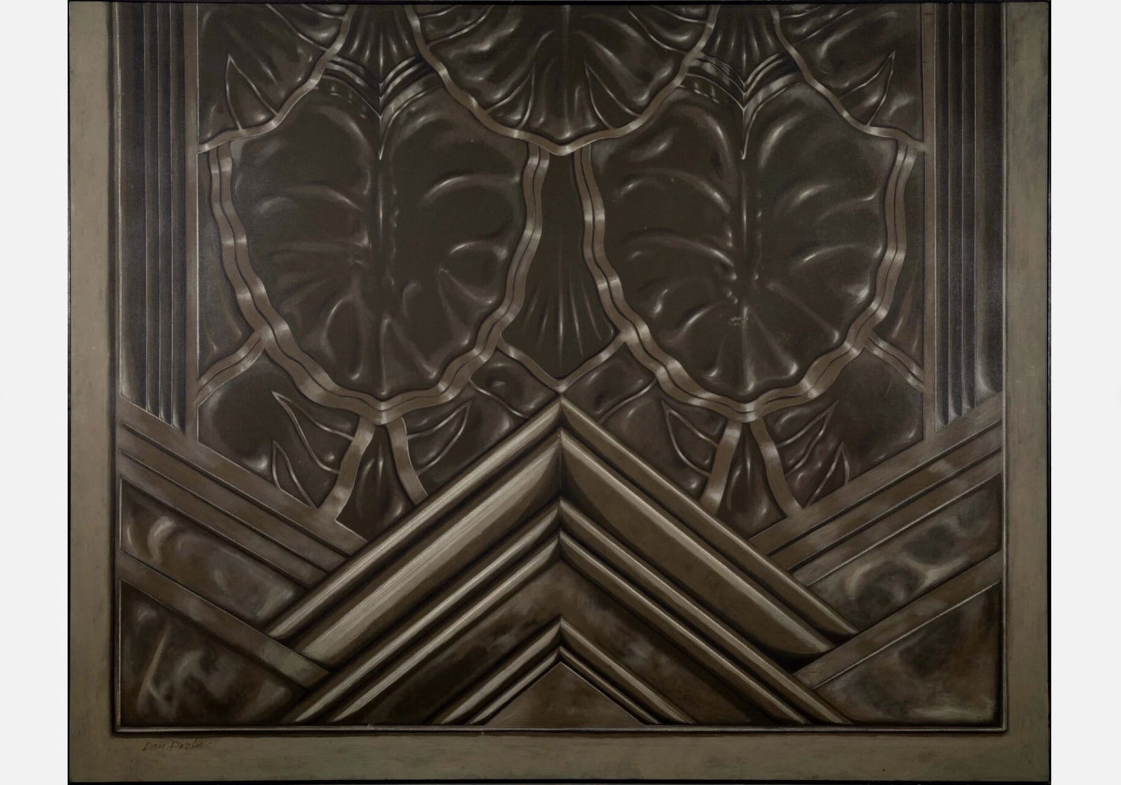 Dan Poole Deco Panel Signed 1984 Acrylic Contemporary Painting on Canvas Framed: A contemporary acrylic painting on canvas interpreting Art Deco architectural design titled "Deco Panel" by Floridian artist Dan Poole. Signed on the bottom left. Signed, titled, and dated 1984 on ver