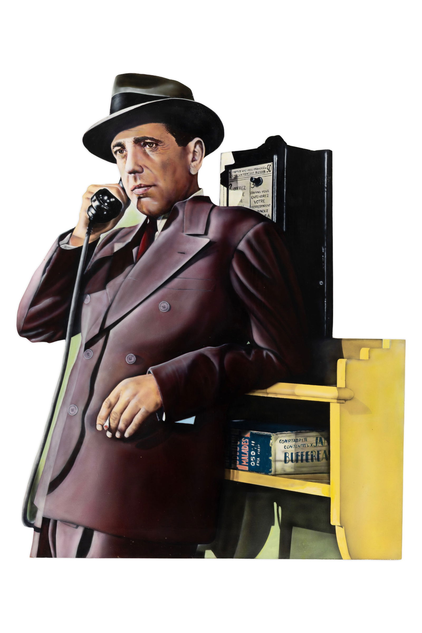 Cesar Santander Humphrey Bogart Talking on the Phone 1996 Signed Oil on Shaped : A photorealist oil on shaped board titled “Humphrey Bogart Talking on the Phone” by Cesar Santander. Hand signed, titled, and dated 1996 on the verso. The painting depicts iconic actor Hum
