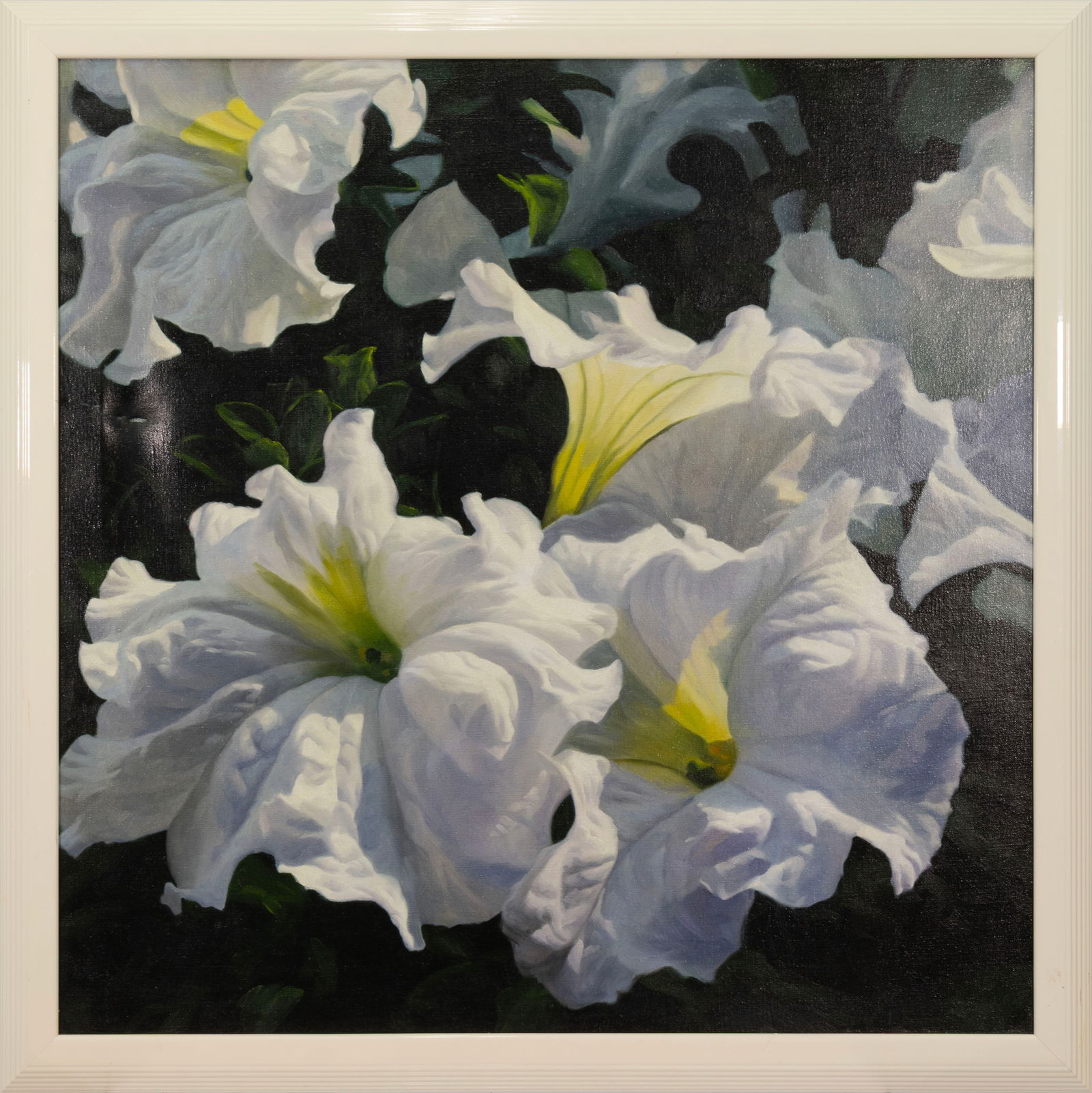 Michael Gerry White Petunias VI 1989 Signed Oil Painting on Canvas Photorealism Botanical: A photorealist botanical painting titled “White Petunias” by American painter Michael Gerry. Signed along the bottom; titled and dated 1989 on the verso. The composition reflects an approa