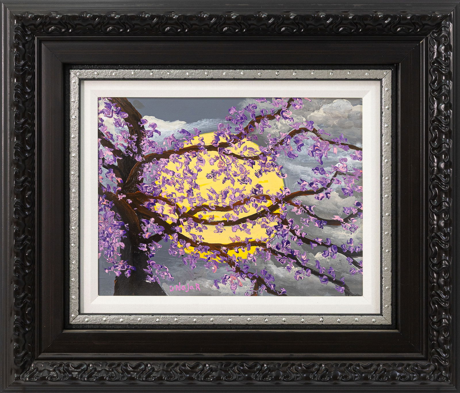 David Najar In Between the Glow 2020 Signed Unique Original Oil Painting on Canvas Framed: An original oil painting titled “In Between the Glow” by David Najar, executed in 2020. Hand signed lower right. The composition depicts a flowering tree with purple blossoms set against a