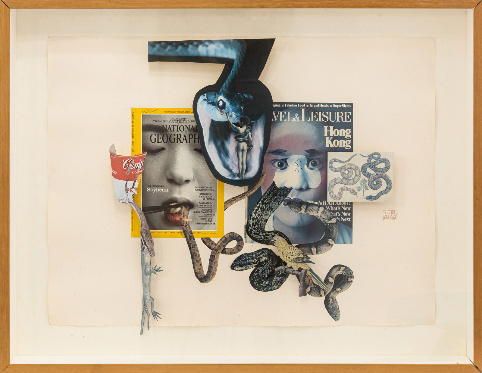 Michaele Vollbracht Untitled (Snakes) Signed Mixed-Media 3D Collage in Shadow Box c. 1990s: A mixed-media collage constructed with layered cut paper elements including magazine imagery, printed material, and illustrated reptiles, arranged within a shadow box frame, c. 1990s. Signed on lower